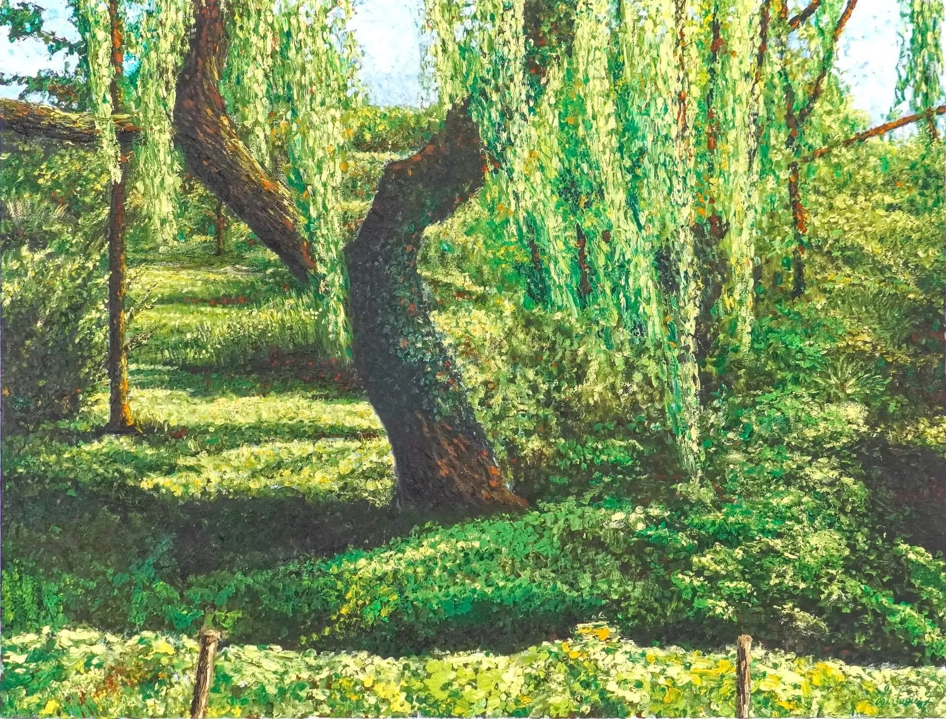 Eine Trauerweide in saftgrünen Tönen am Anlagensee/ Tübingen an einem sonnigen Frühlingstag. Öl auf Leinwand. 95 x 125 cm