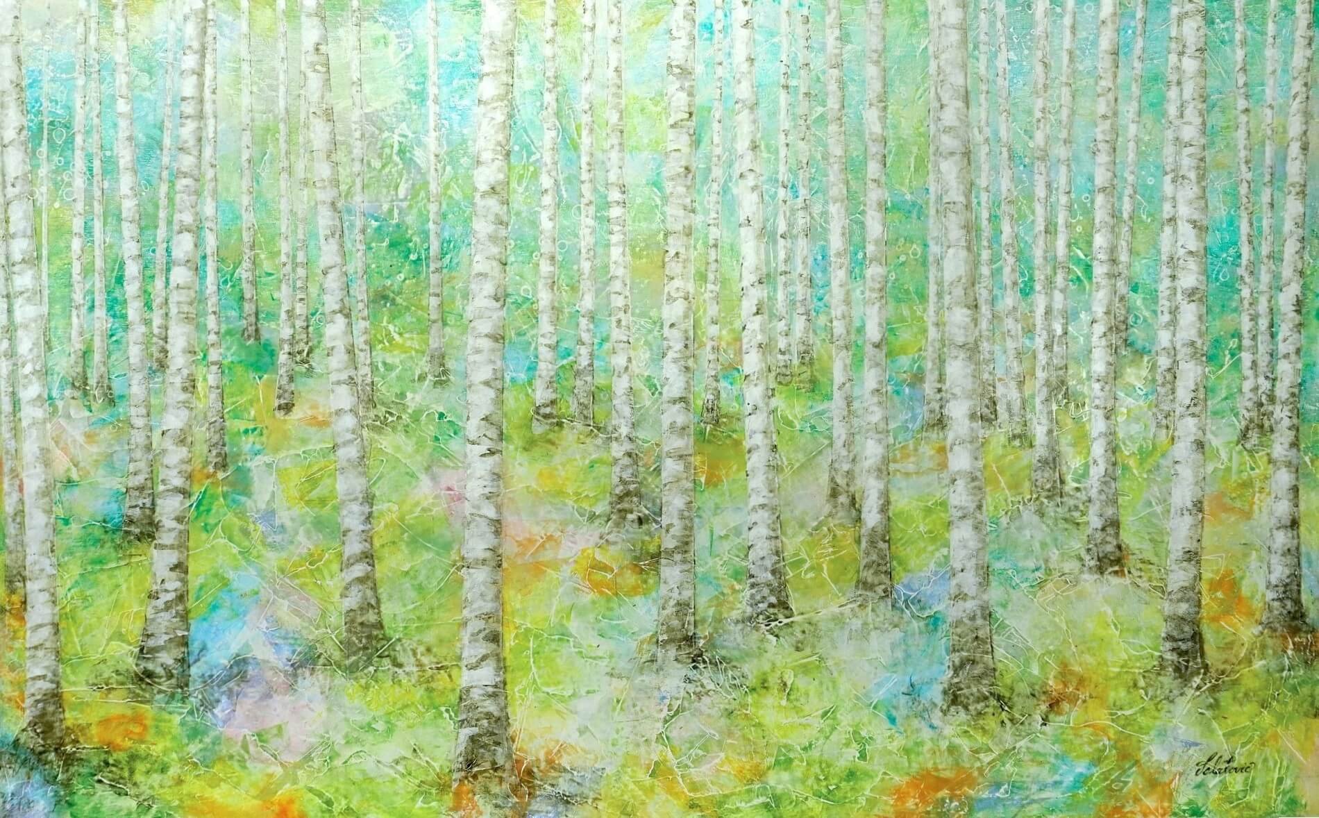 Acryl Gemälde 90x145 cm. Es sind viele Birken in einem Wald zusehen. Hauptsächlich wurden grüne und blaue Töne verwendet. was eine ruhige Atmosphäre schafft.