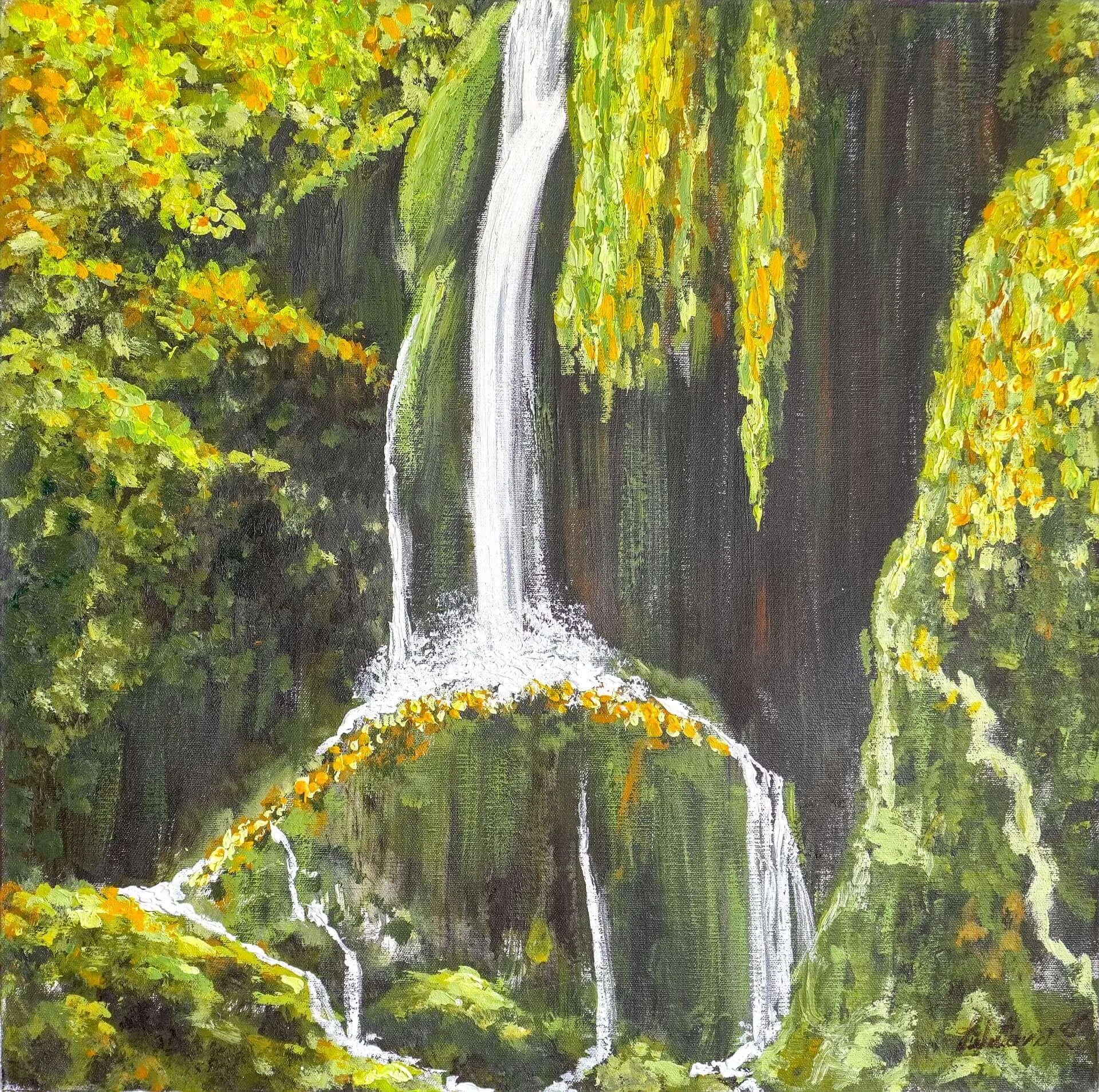 Abstraktes Acrylgemälde auf Leinwand, 60 x 60 cm.  Der in der Natur gemalte Wasserfall Cigonovac, Plitvice Lakes fließt über grün bewachsene Steine. Ein Bild, welches jedes Zuhause gemütlich macht.