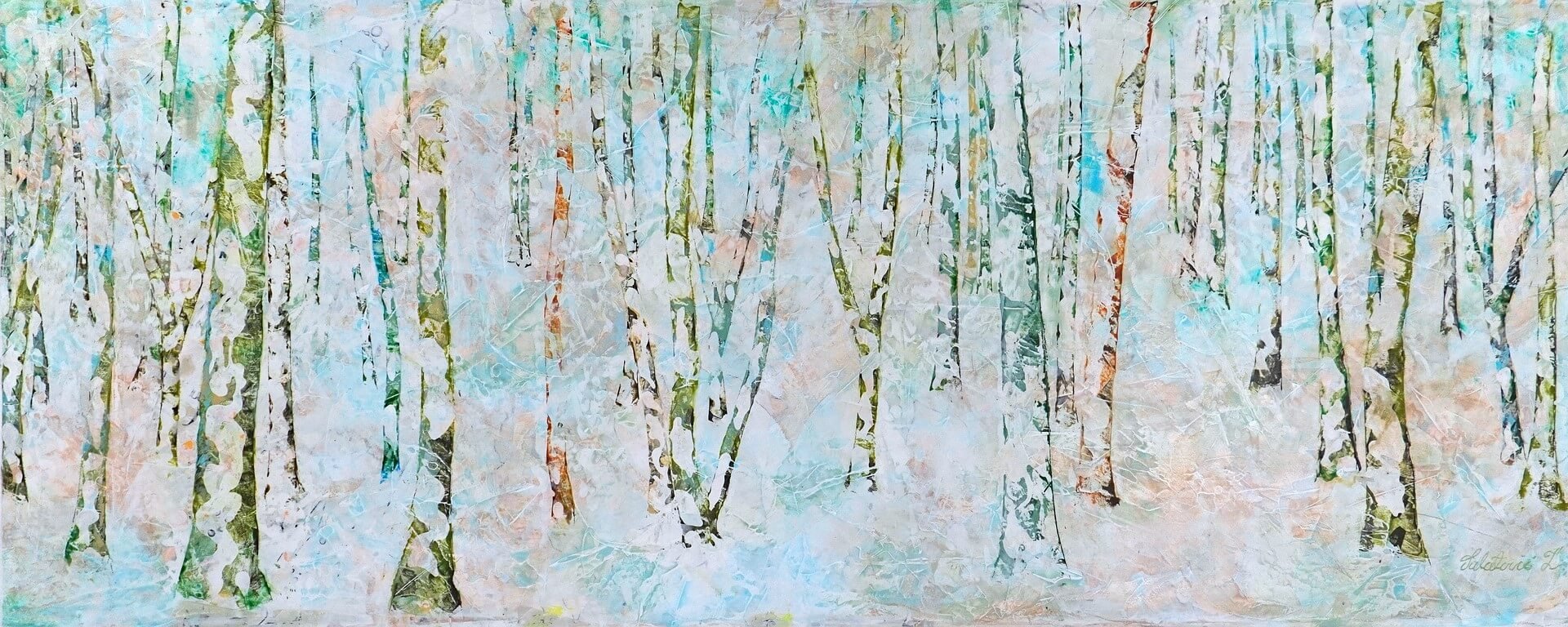 Acrylbild auf Leinwand, 60x145 cm mit dem Titel: Der Traum. Es wurden Pastelltöne verwendet die den Betrachter in einen schönen Traum versetzen können. Jeder Baum hat etwas magisches an sich.