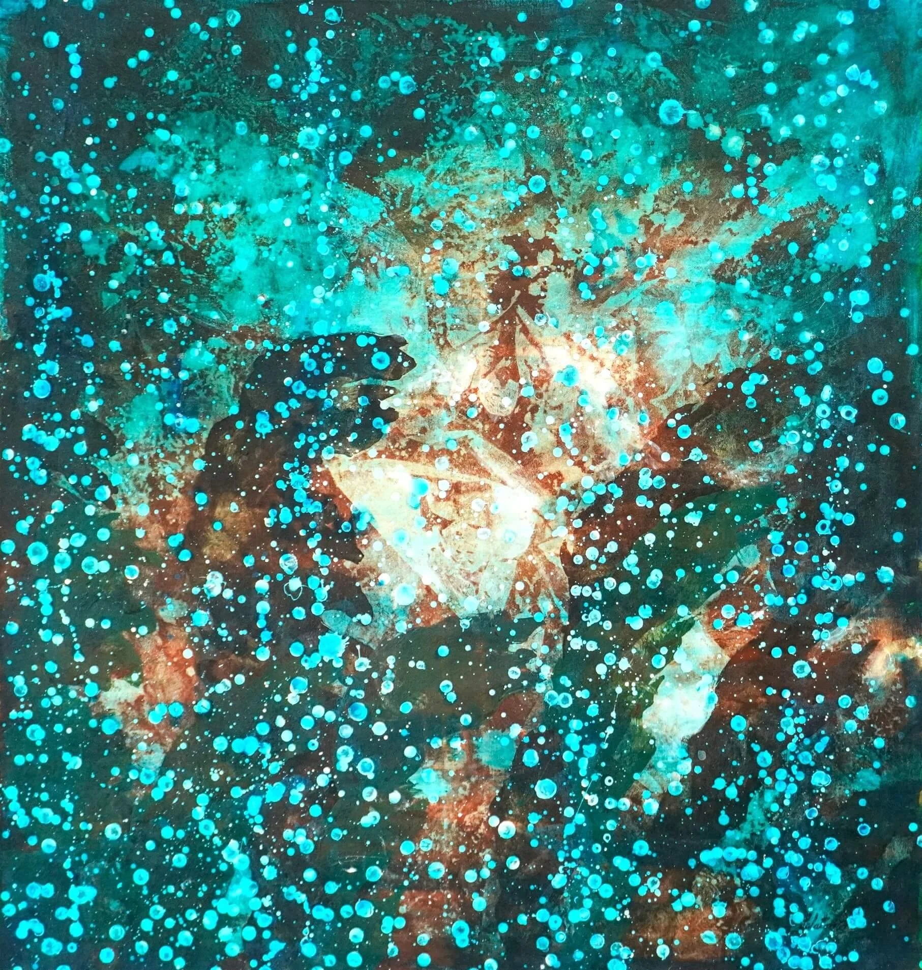 Abstraktes Gemälde auf Leinwand. Mit dem Titel Miracle .105 x 90 cm. Miracle□  Ein Meisterwerk mit einem Gesicht hinter Nebeln im Weltaal. Viel Tiefe und Interpretationsspielraum. Tiefe blau und braun Töne.