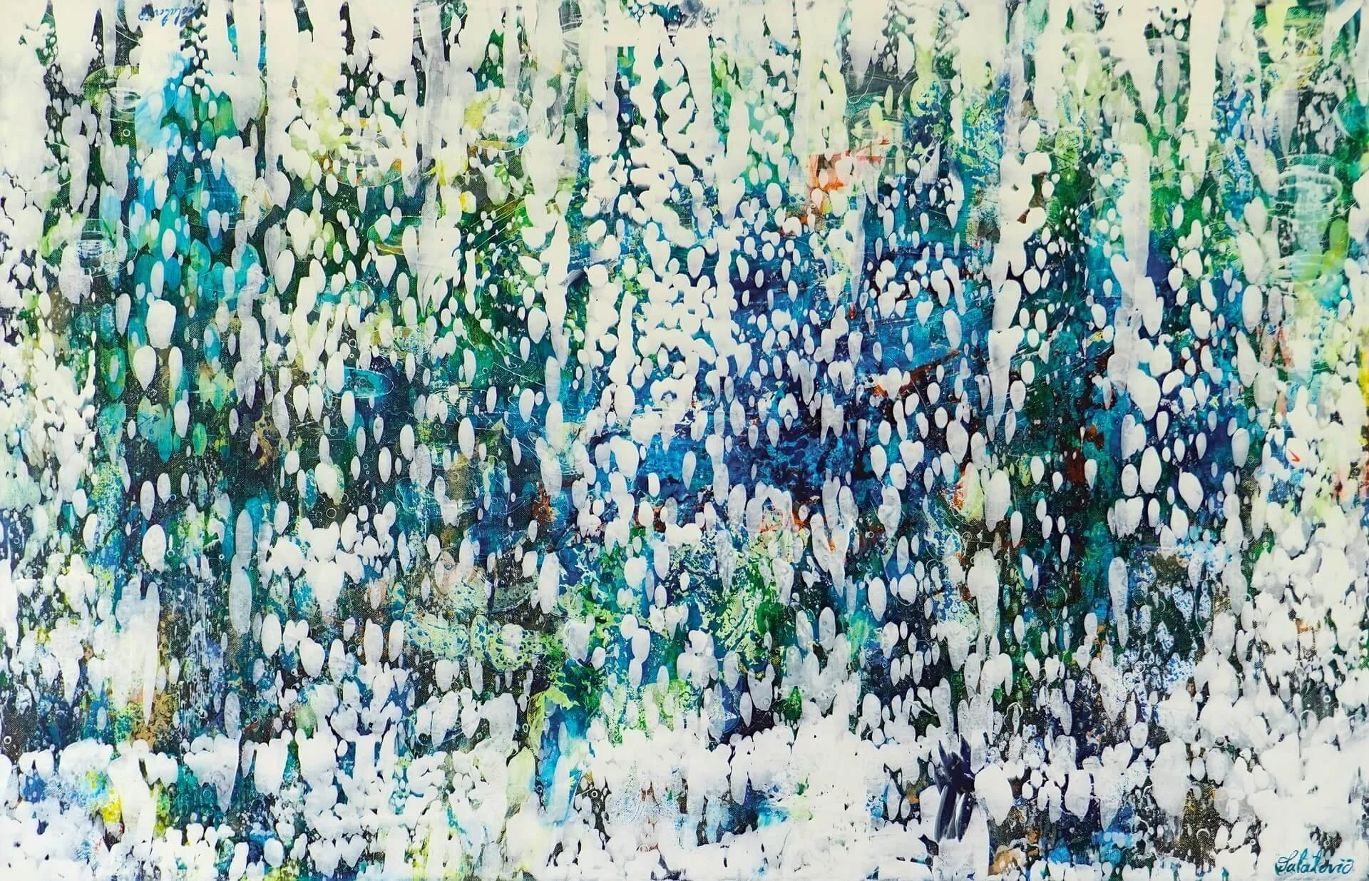 Abstraktes Gemälde auf Leinwand. 70 x 105 cm. Mit besonderer Technik gemalt. Mit dem Titel: Stillness. Tiefe harmonierende Blautöne im Hintergrund mit weißen Punkten im Vordergrund. Wodurch Ruhe, Klarheit und Vertrauen symbolisiert werden.