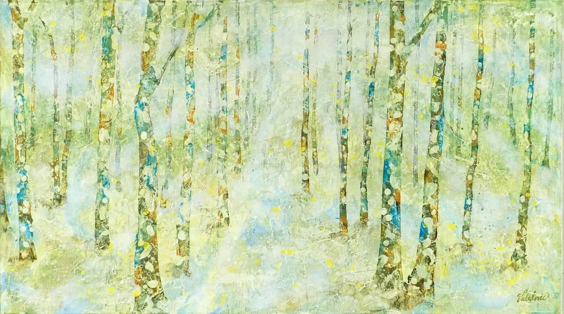 Acrylbild 70x125 cm, mit dem Titel Waldweg in hellen Pastellfarben mit mit kleinen blauen Farbtupfer an manchen Baumstämmen