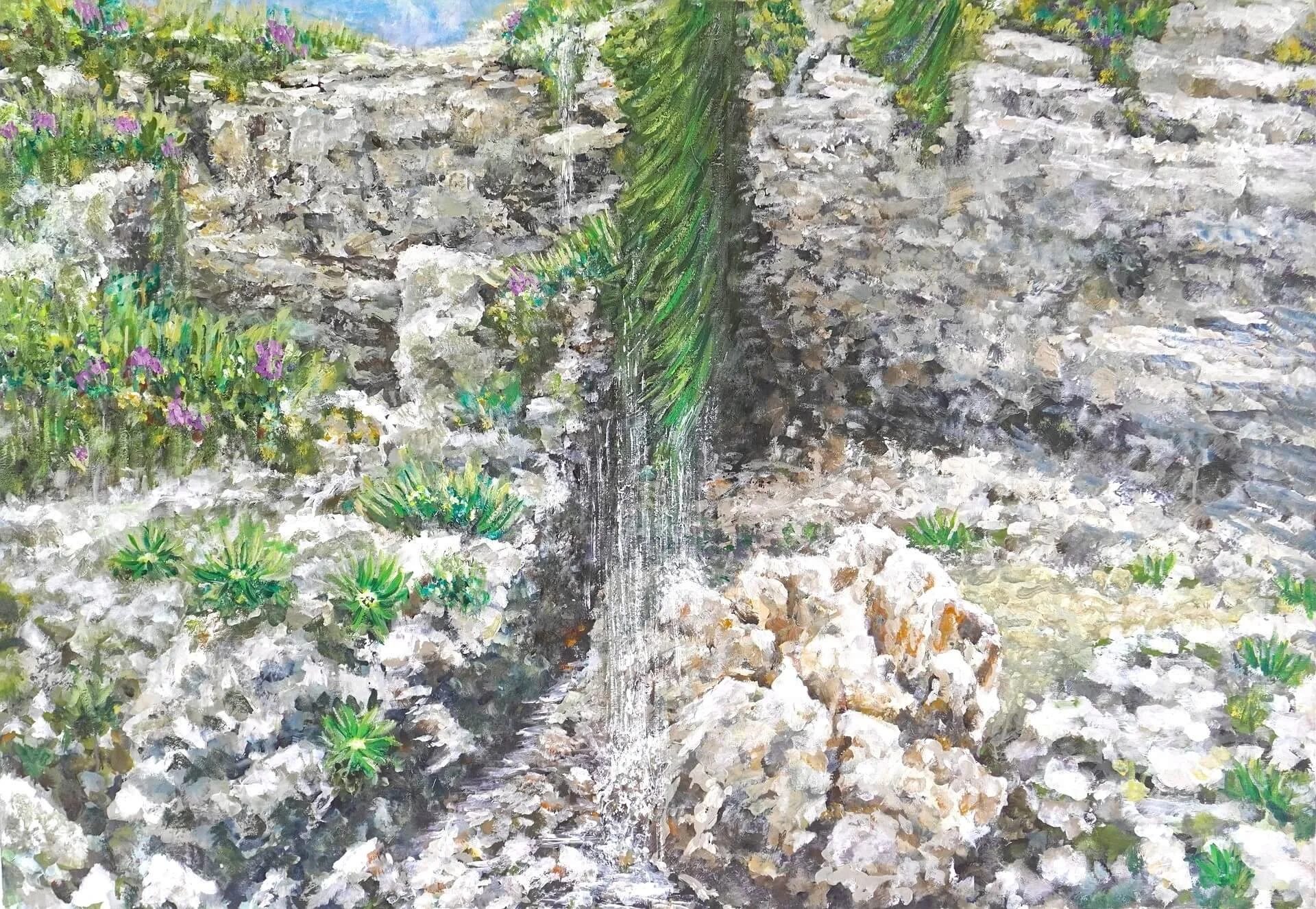 Landschaftsgemälde mit lila Blumen, Steinen und einem kleinem Wasserquelle  mit dem Titel Verborgene Quelle . Acryl auf Leinwand. 105 x 150 cm