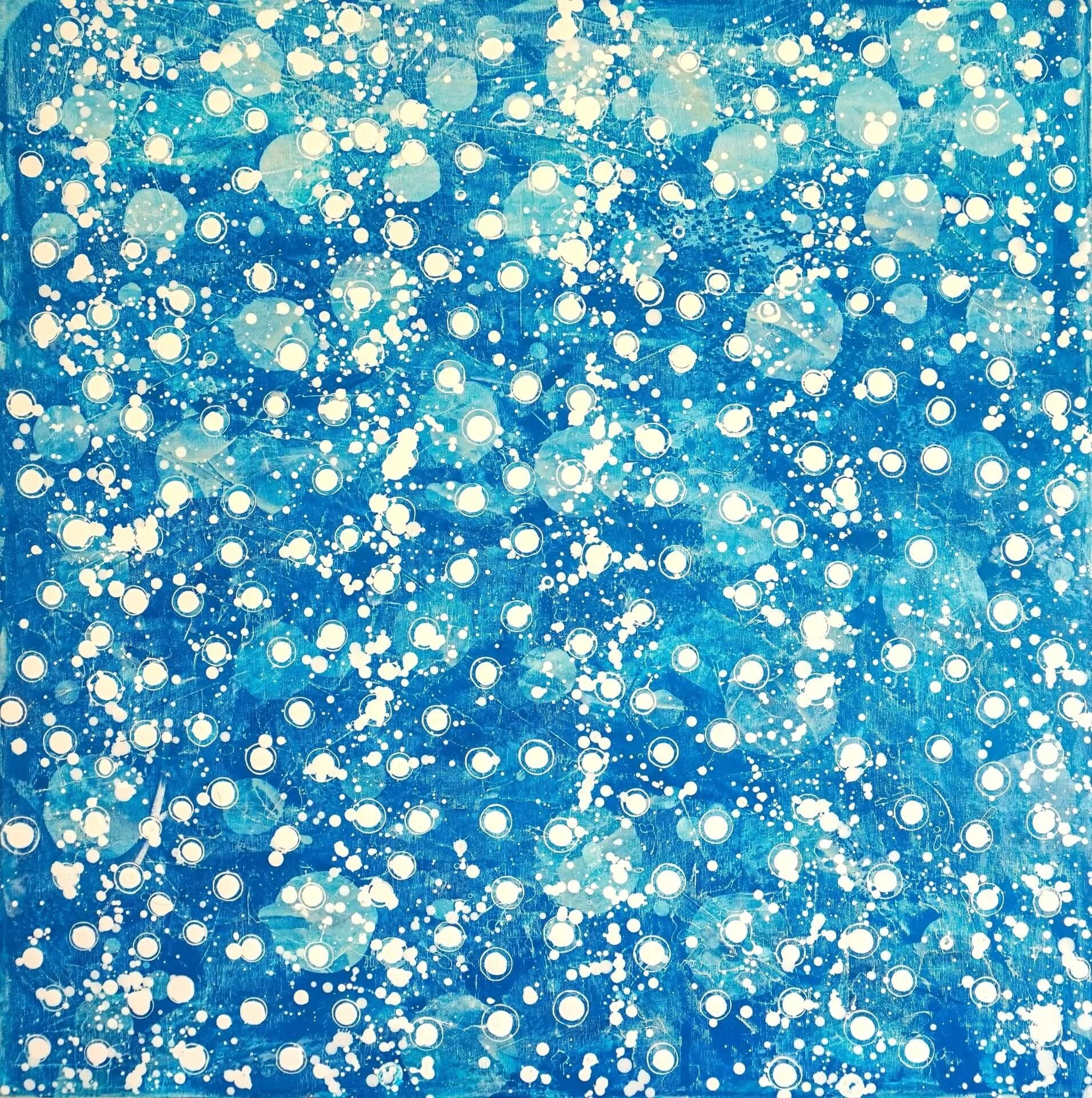 Abstraktes Acrylgemälde auf Leinwand. 90 x 90 cm. Mit besonderer Technik gemalt. Mit dem Titel: Balance. Tiefe harmonierende Blautöne im Hintergrund mit weißen Punkten im Vordergrund. Wodurch innere Ruhe und Stabilität symbolisiert werden.