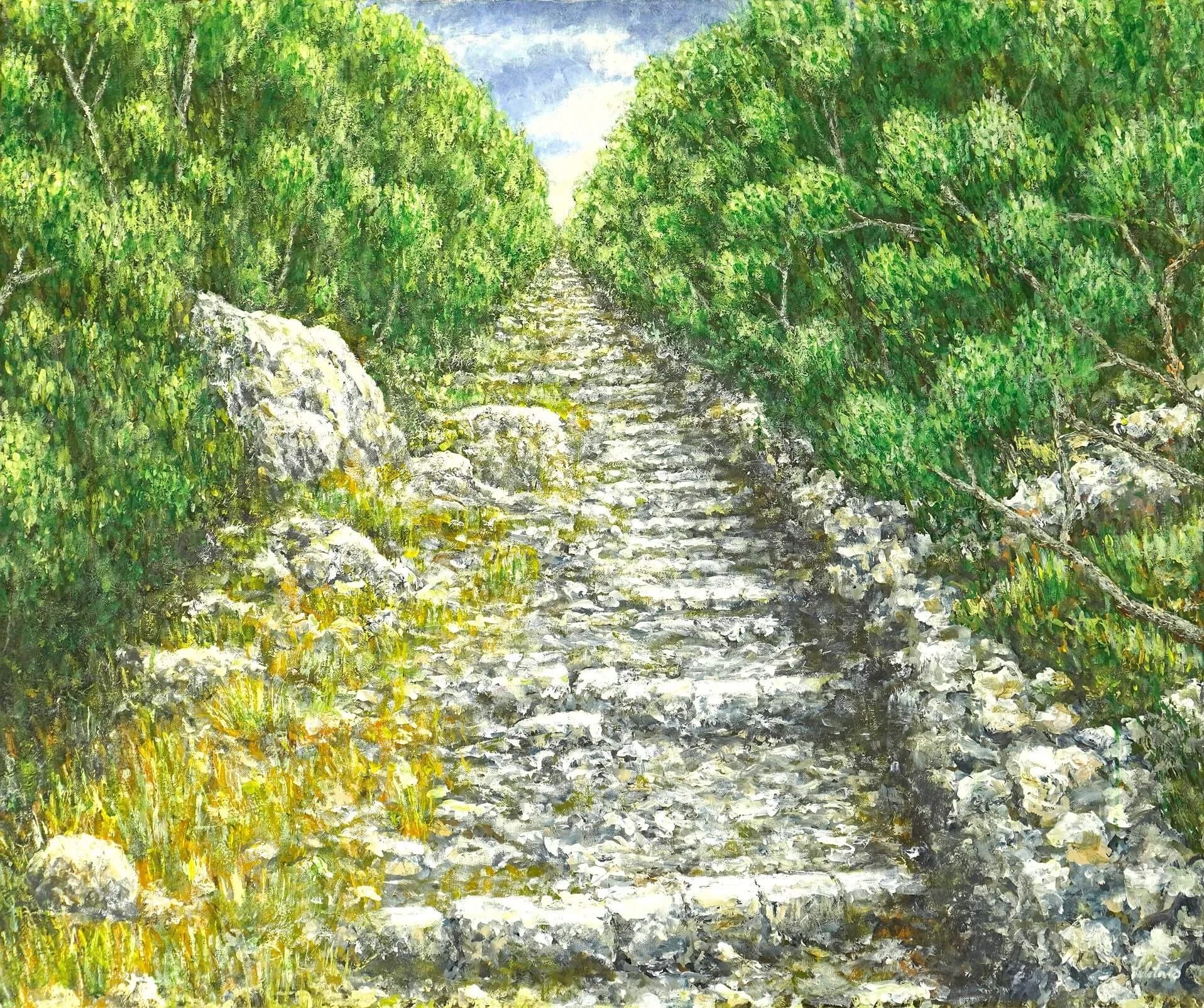 Landschaftsgemälde indem ein alter römischer Weg aus Steinen durch die Mitte der Olivenbäume verläuft mit dem Titel: Spuren der Erinnerung. Acryl auf Leinwand. 105 x 125cm
