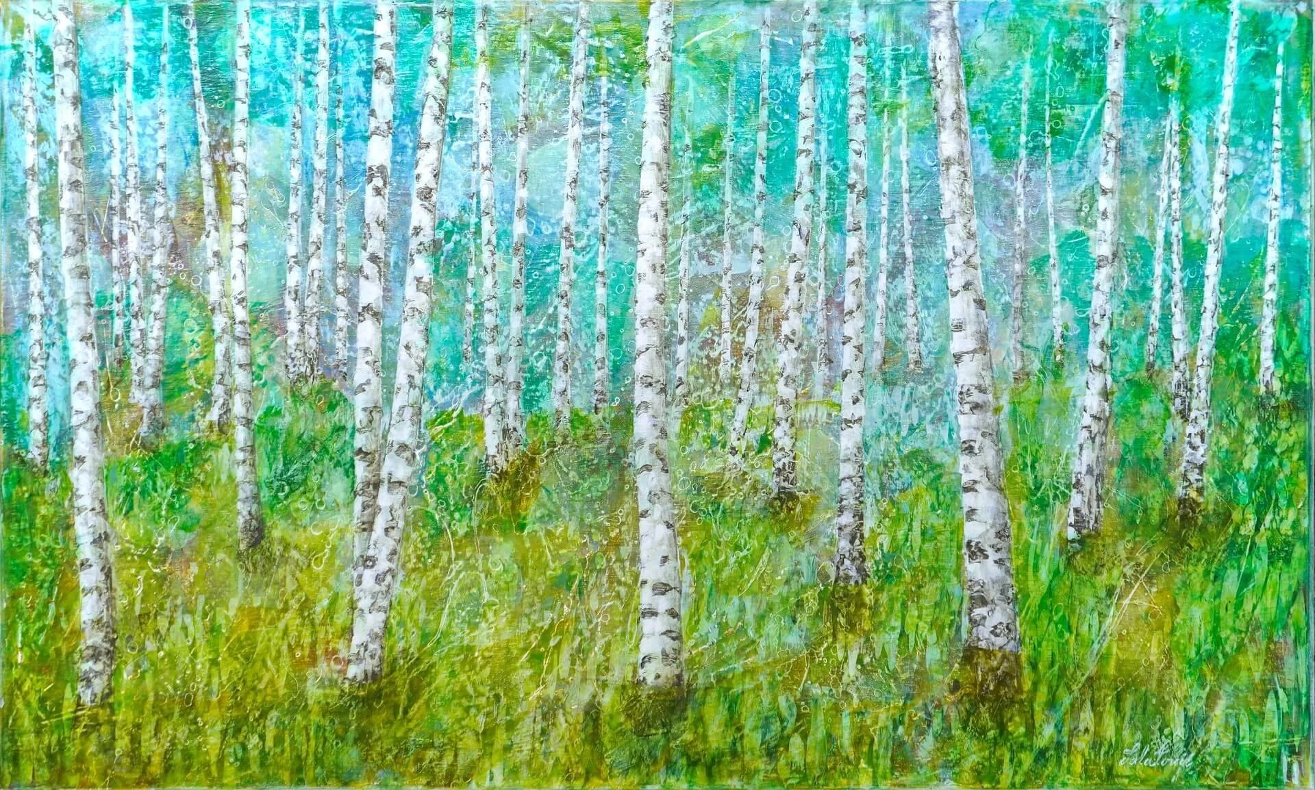 ein grün, blau, türkisblau sowie dezente Brauntöne in einem Birkenwald. Die Bäume erinnern einen an tanzende Menschen. Deshalb habe ich das Bild Birken Walzer genannt.