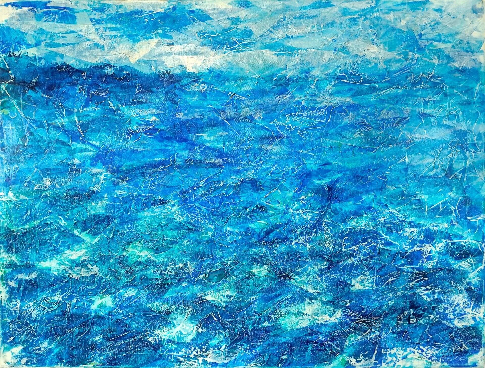 Abstraktes Acrylgemälde auf Leinwand, 95 x 125 cm mit dem Titel Distance.  Viele Nuancen von Blau bilden ein abstraktes Meer, welches weit weg zu sein scheint.