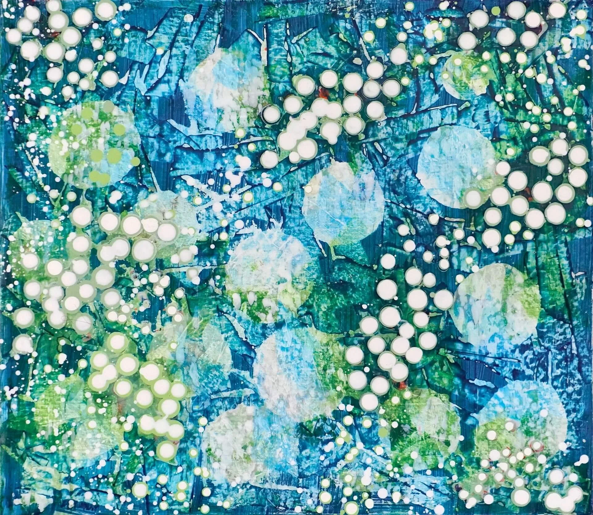 Acrylbild Hope aus der Serie Secret. 90 x 90 cm. Fröhliche blaue und grüne Farben, sowie beruhigende Punkte in diesem Bild, geben einem Hoffnung.