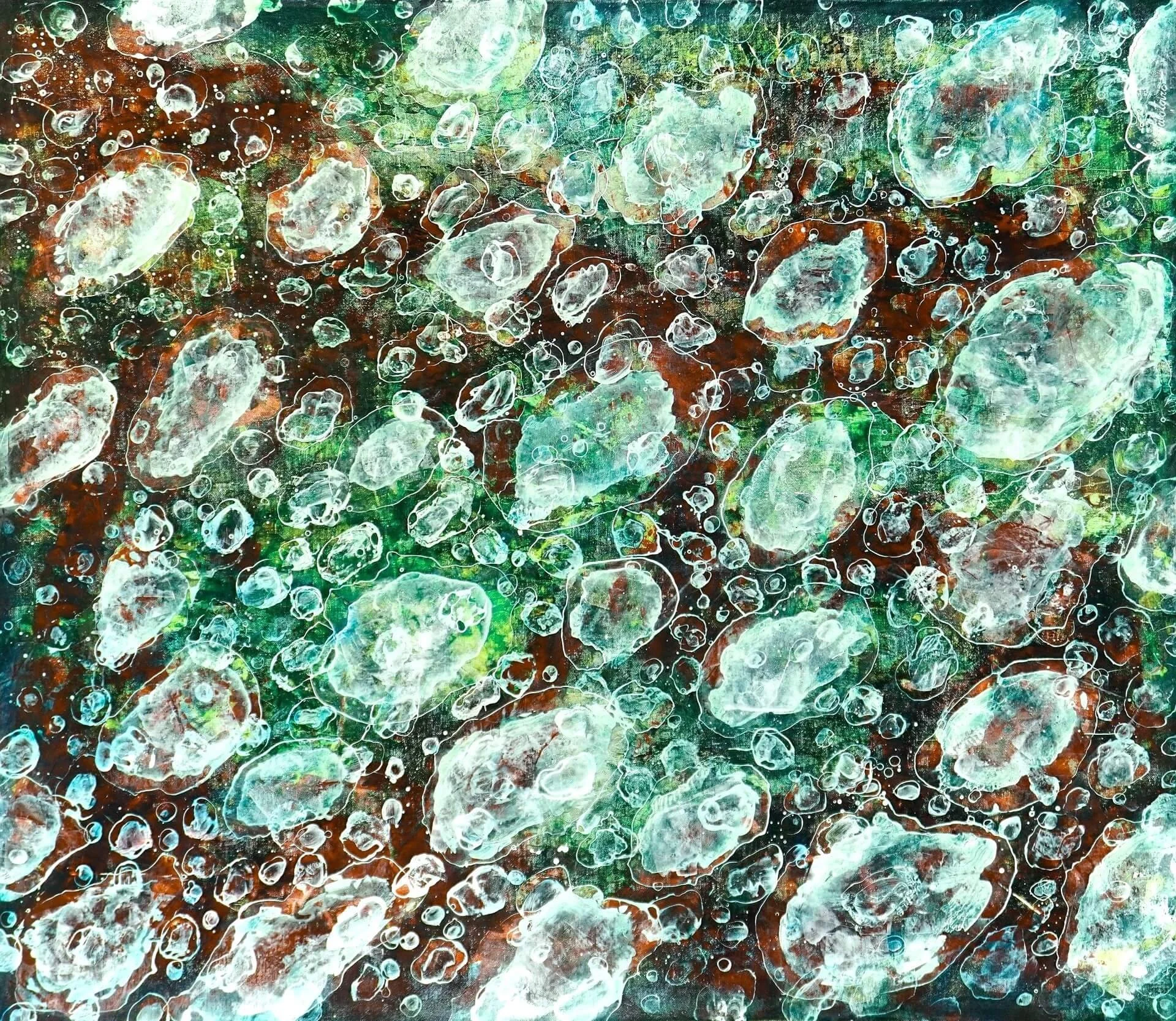 Abstraktes Acrylgemälde auf Leinwand, 95 x110 cm. Marmorglatte Oberfläche Edle Steine liegen auf einer roten, grünen Oberfläche. Ein Bild, um seiner Wohnung etwas mehr Glamour zu verleihen.