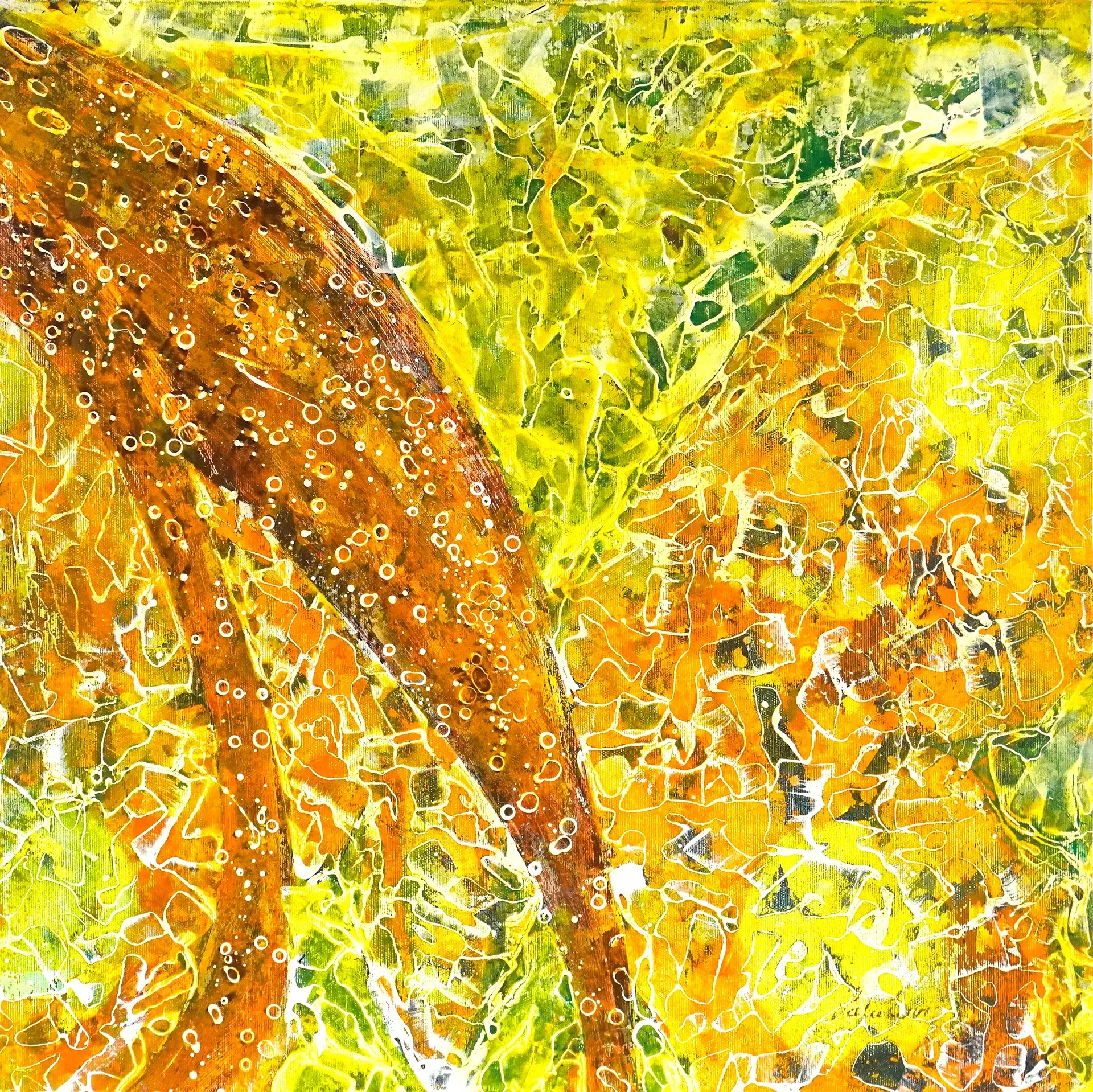 ein abstraktes Gemälde aus der Serie crystal butterfly, Es ist ein Bild in gelben, orangenen und günen Tönen. Sehr warme Töne .Größe 60x60cm
