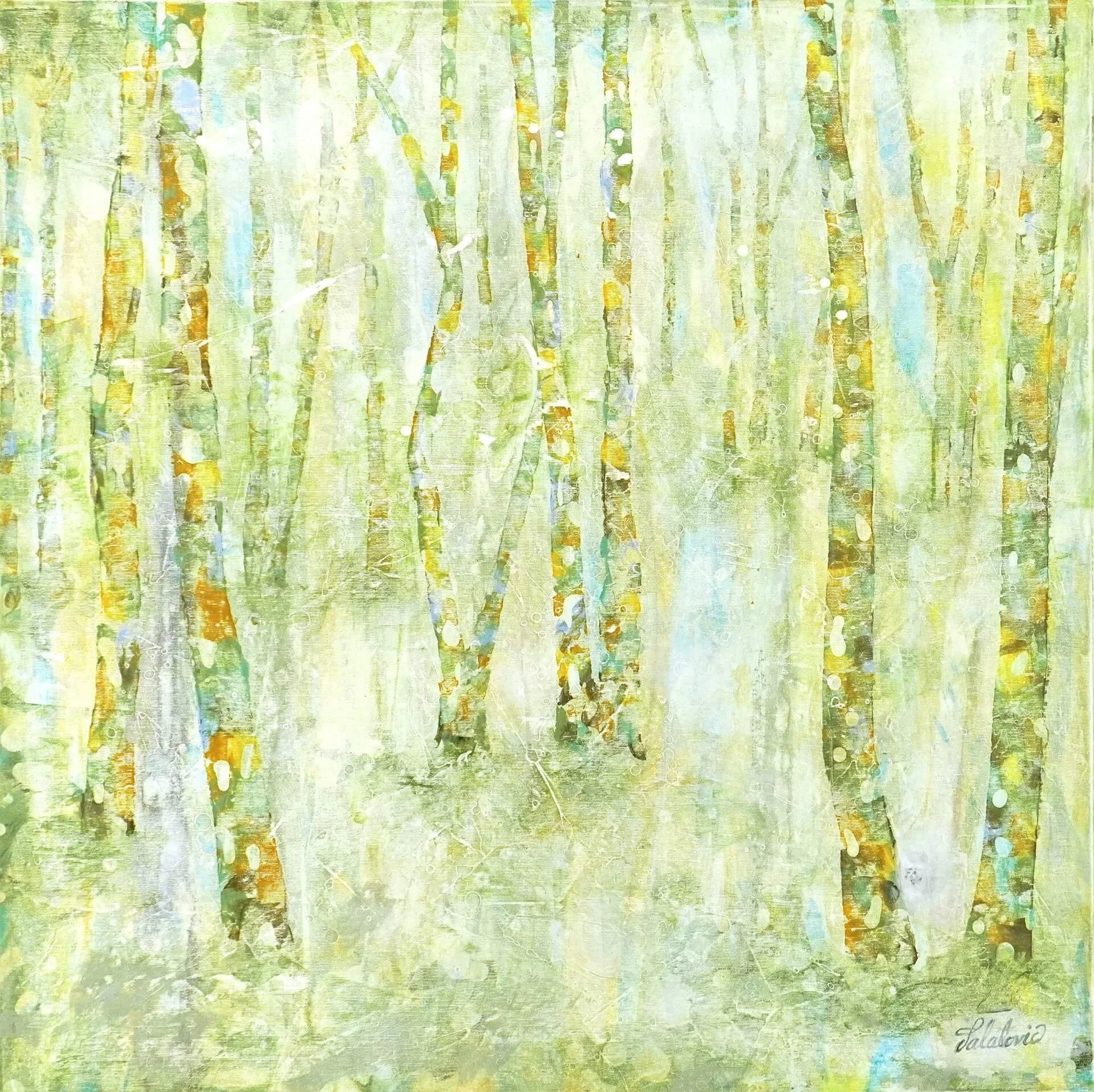 Acrylbild auf Leinwand, 90x90cm in warmen gelben und braunen Tönen. Durch die bunten Flecken auf den Baumstämmen die an Lichter die Flackern erinnern wird eine abendliche Stimmung erzeugt.