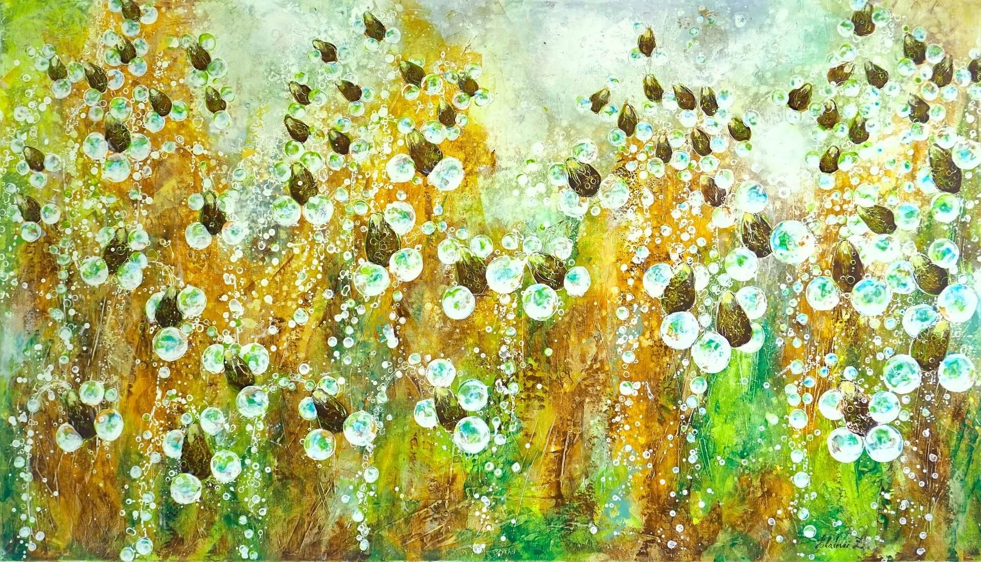 Abstraktes Acrylgemälde aus der Serie Secret. Mit dem Titel Transformation. 80 x 140 cm Braune Blumen, verwandeln sich im Abendlicht in ein surreales Gemälde, vor den goldgelben Wiesen.