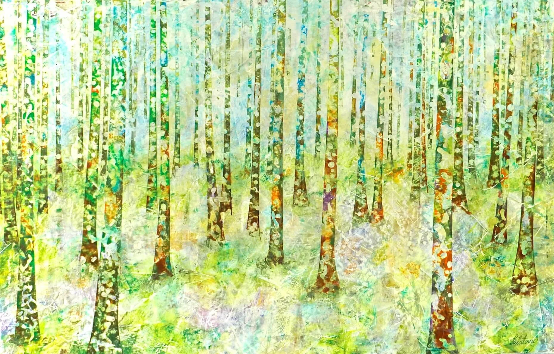 Acrylbild auf Leinwand. Beim betrachten des Bildes spürt man Wärme und Leidenschaft mit vielen grünen und blauen Tönen mit brauen und orangenen vereinzelten Flecken.