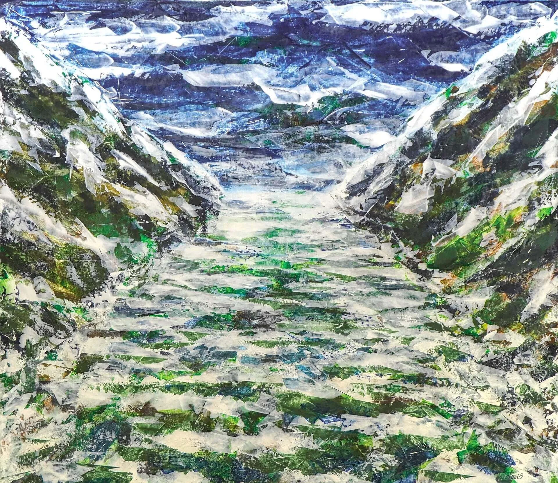 Abstraktes Acrylgemälde auf Leinwand mit dem Titel Future, 85 x 90 cm. Zwischen einer einsamen Berglandschaft liegt ein steinerner Weg, welcher einen in das Ungewisse, die Zukunft führt.