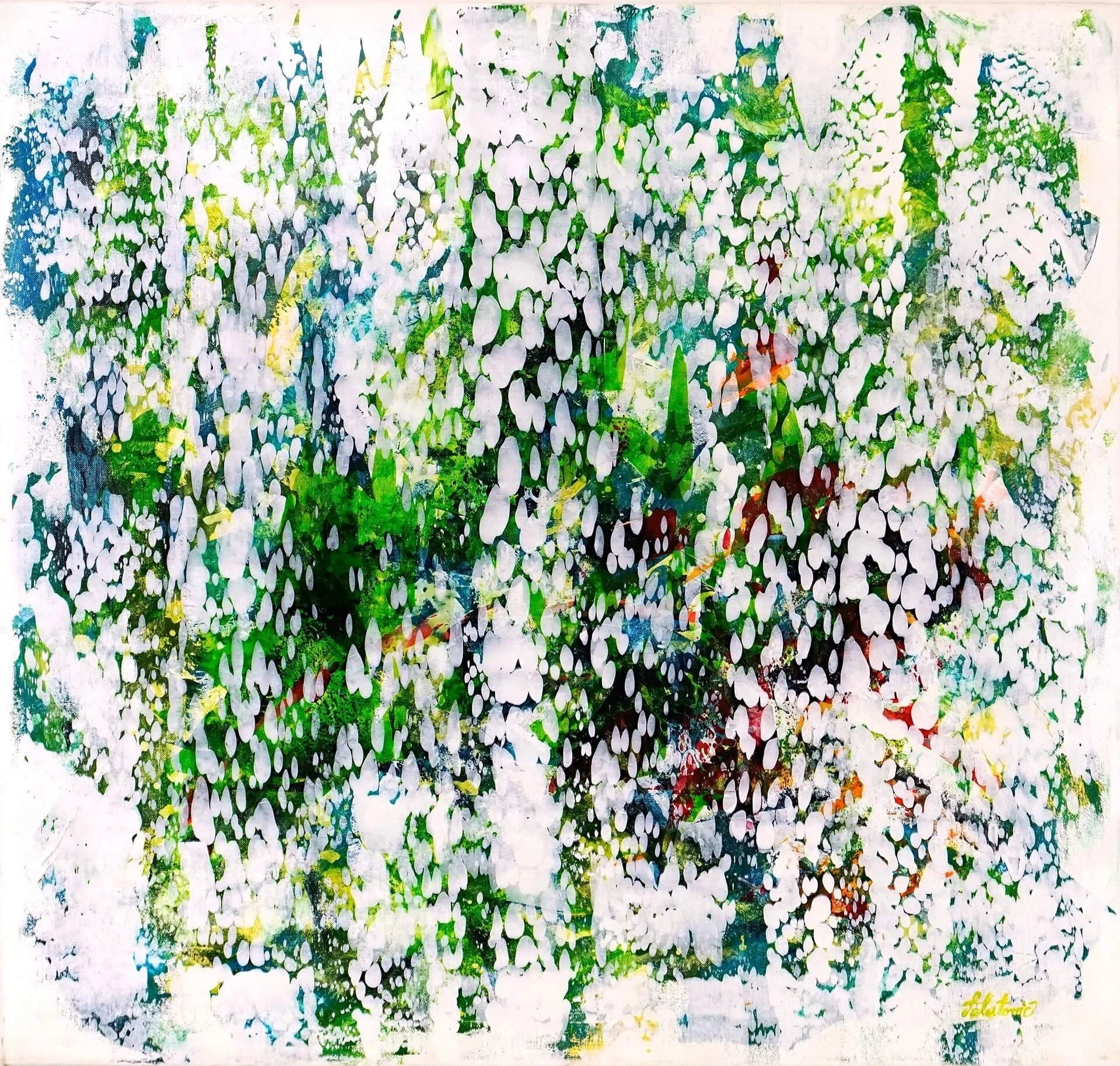 Abstraktes Gemälde auf Leinwand. 85 x 90 cm. Mit besonderer Technik gemalt. Tiefe harmonierende Farben und weiße Punkte im Vordergrund. Für große moderne Räume.
