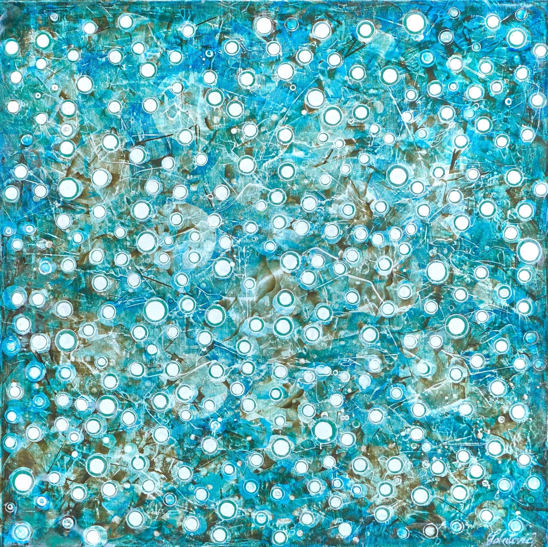 abstraktes Blau-grünes Acrylgemälde auf Leinwand, 90 x 90 cm mit vielen Vernetzungen und Strukturen mit dem Titel Deep Insight. Das Bild zeigt eine Welt im inneren.