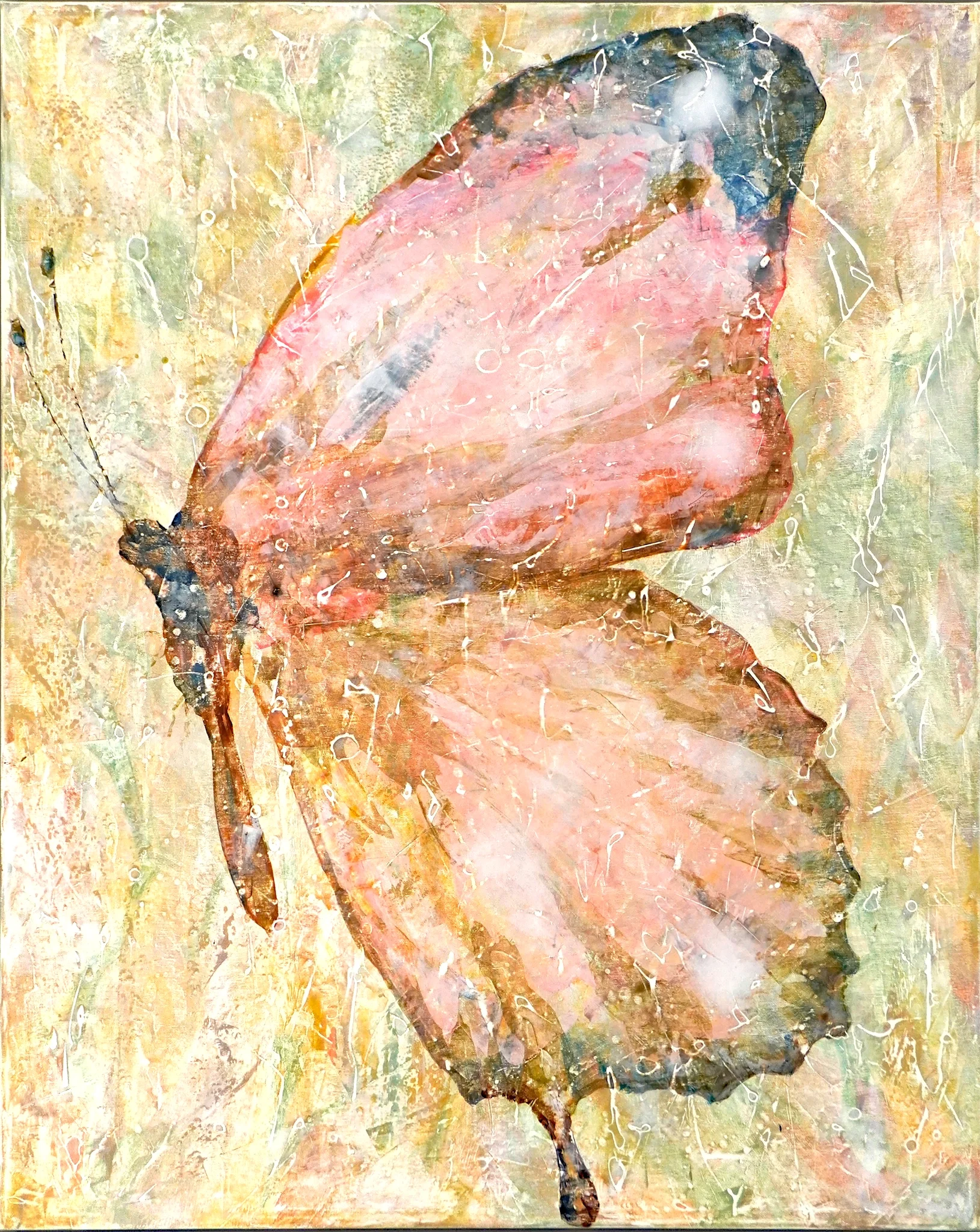 Ein wunderschöner Schmetterling auf einer Leinwand mit herbstlichen Tönen. Der Schmetterling ist aus einem mix aus rosa, blau, braun und blau gemalt. Es hat den Namen rose quartz. Es ist auf selbe Art gemalt wie alle anderen Schmetterlinge