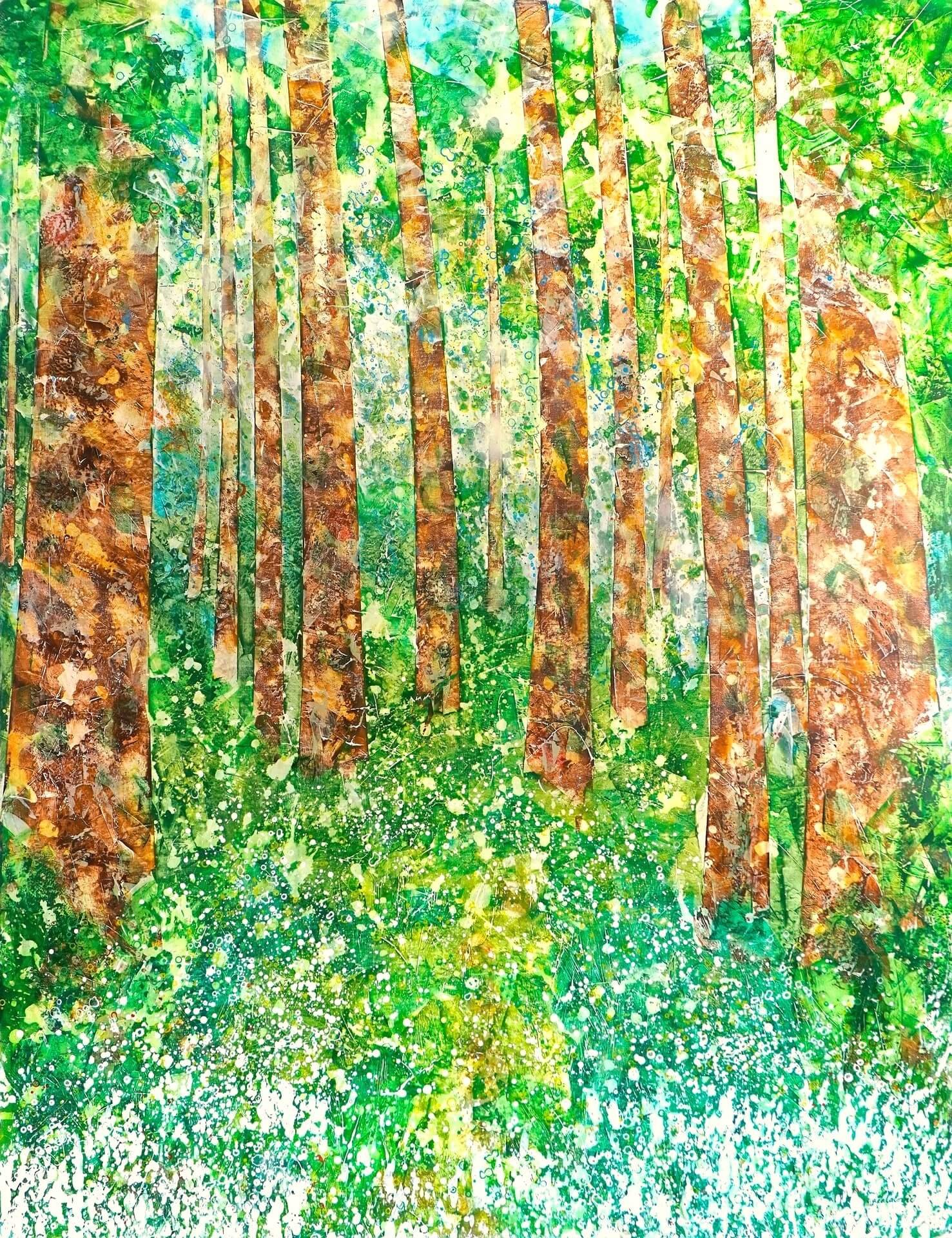 Großformatiges Acrylbild 185x145 cm .Auf einer Lichtung im Wald stehen Bäume im Halbkreis, Bärlauch im Vordergrund.