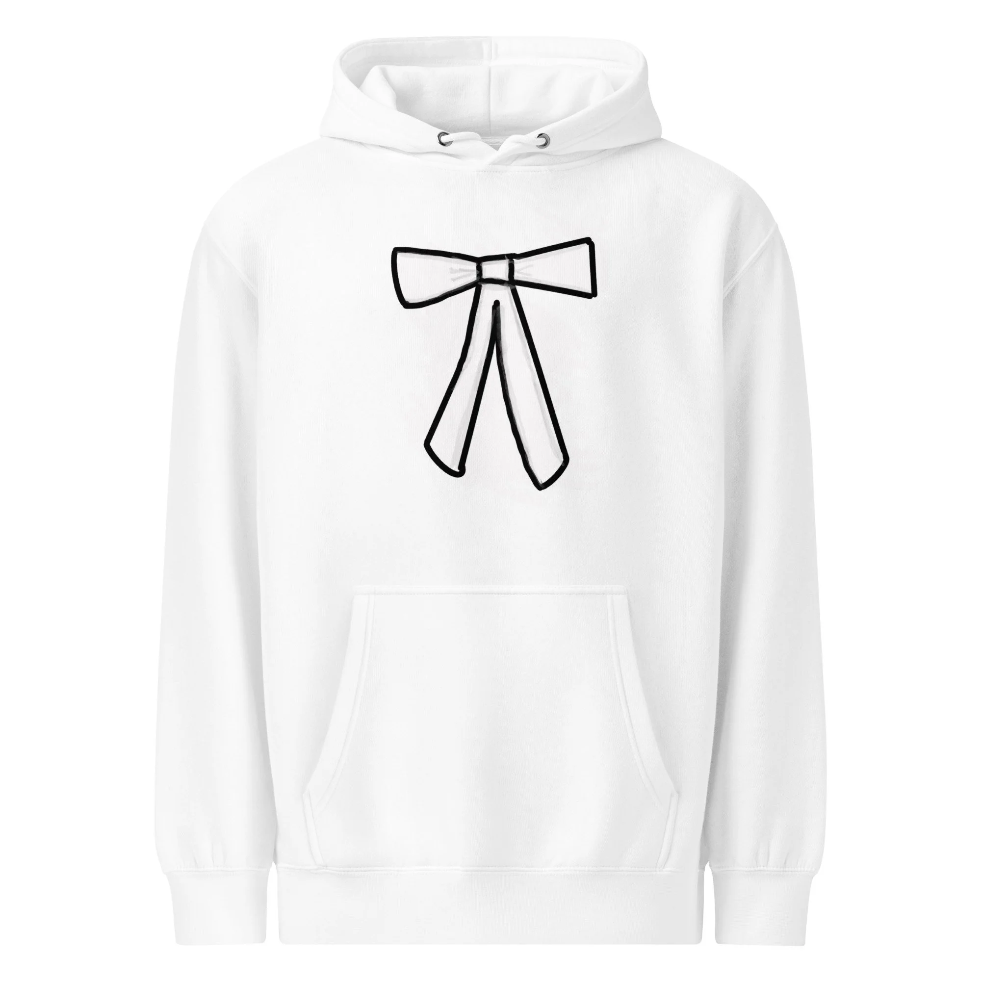 This is a white hoodie with a black outline of a bow tie on the front.  This design was created by Kyra to give a fashion statement to the world!