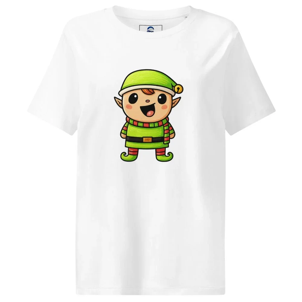 White T-shirt with a cartoon elf wearing green and red striped clothes, a green hat with a yellow bell, and large eyes, smiling.