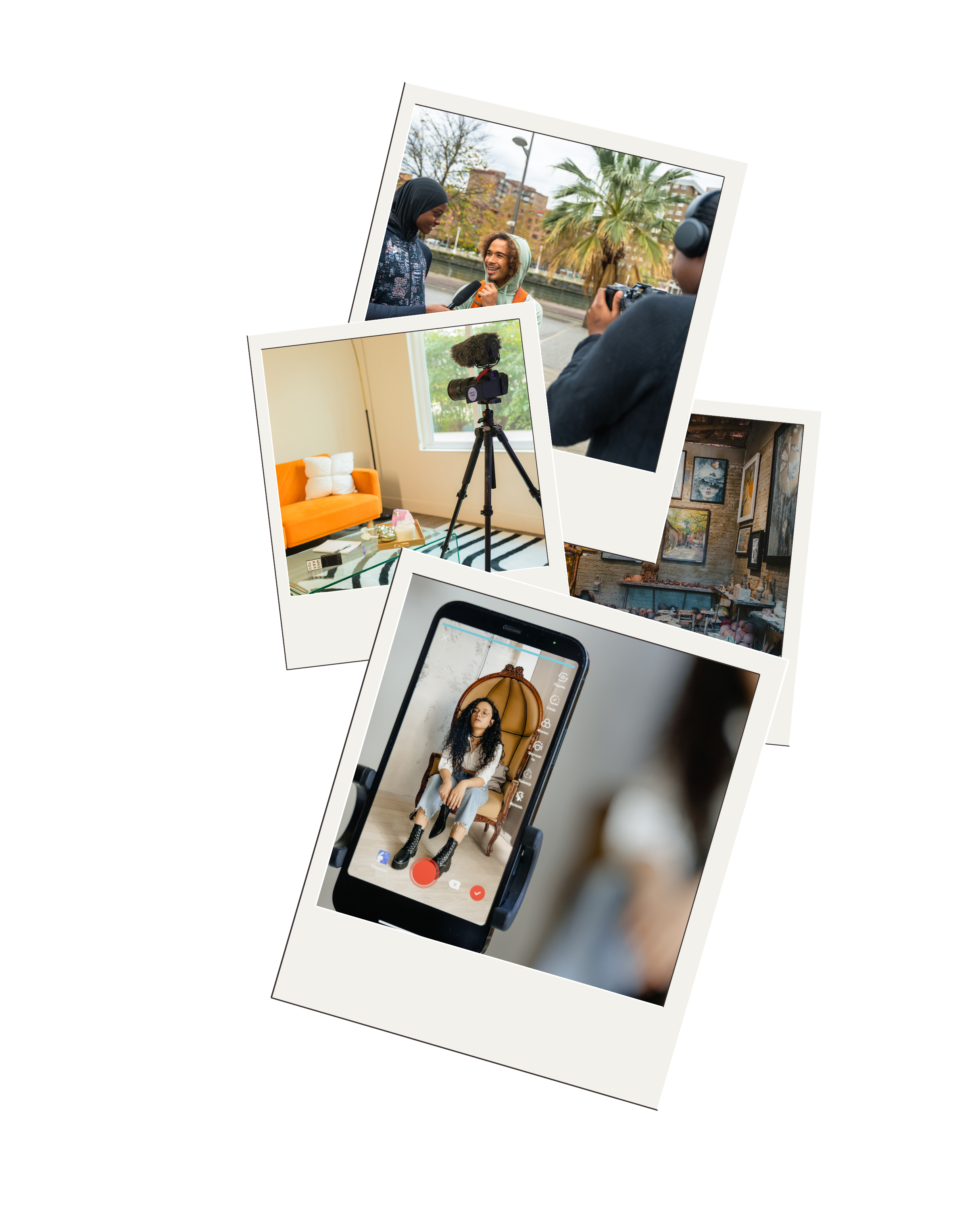 Collage of photos showing a documentary interview outdoors, a camera setup in a room, artwork on walls, and a woman recording herself using a smartphone.