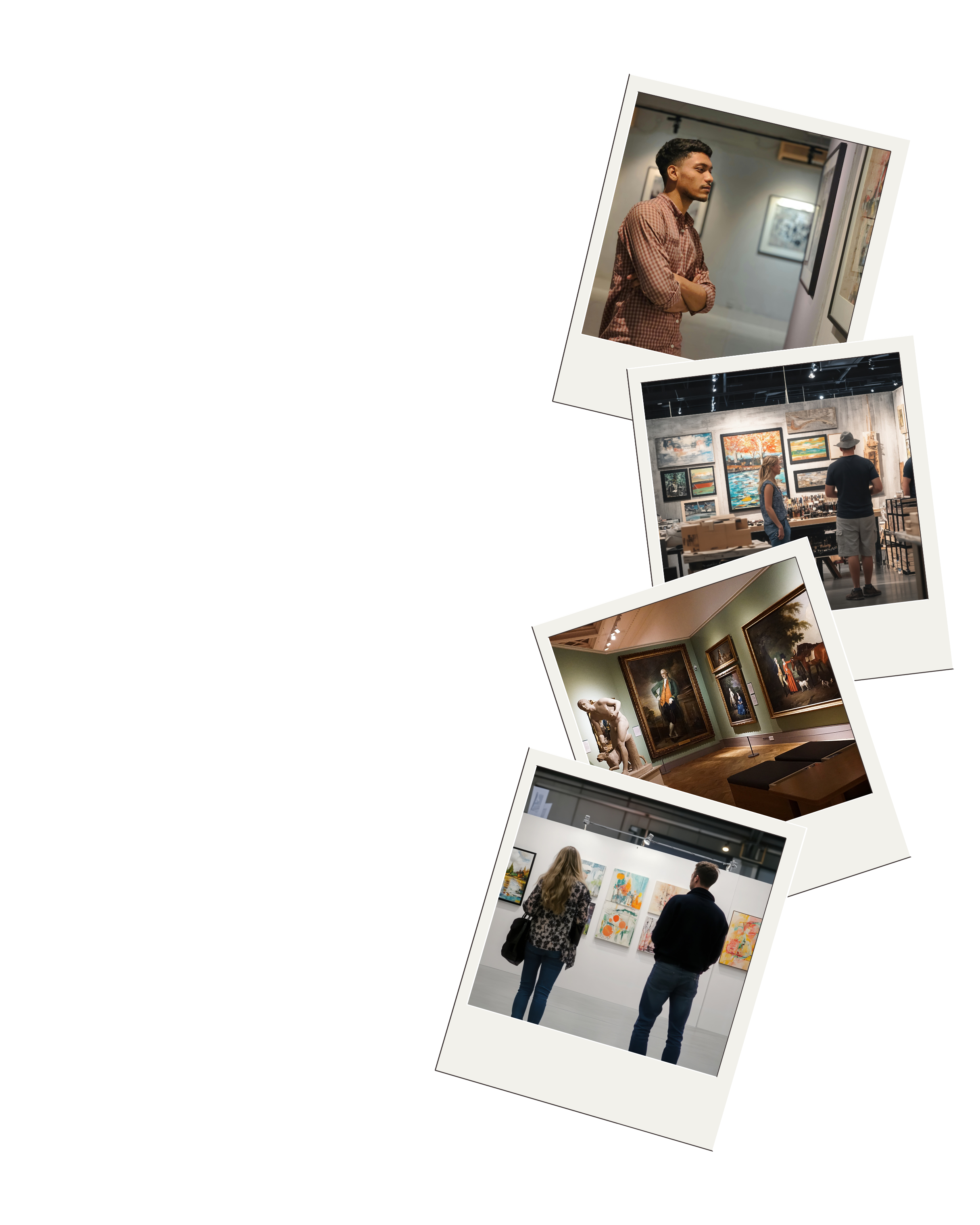 Series of photographs showing people viewing and appreciating artwork at an art gallery or museum.