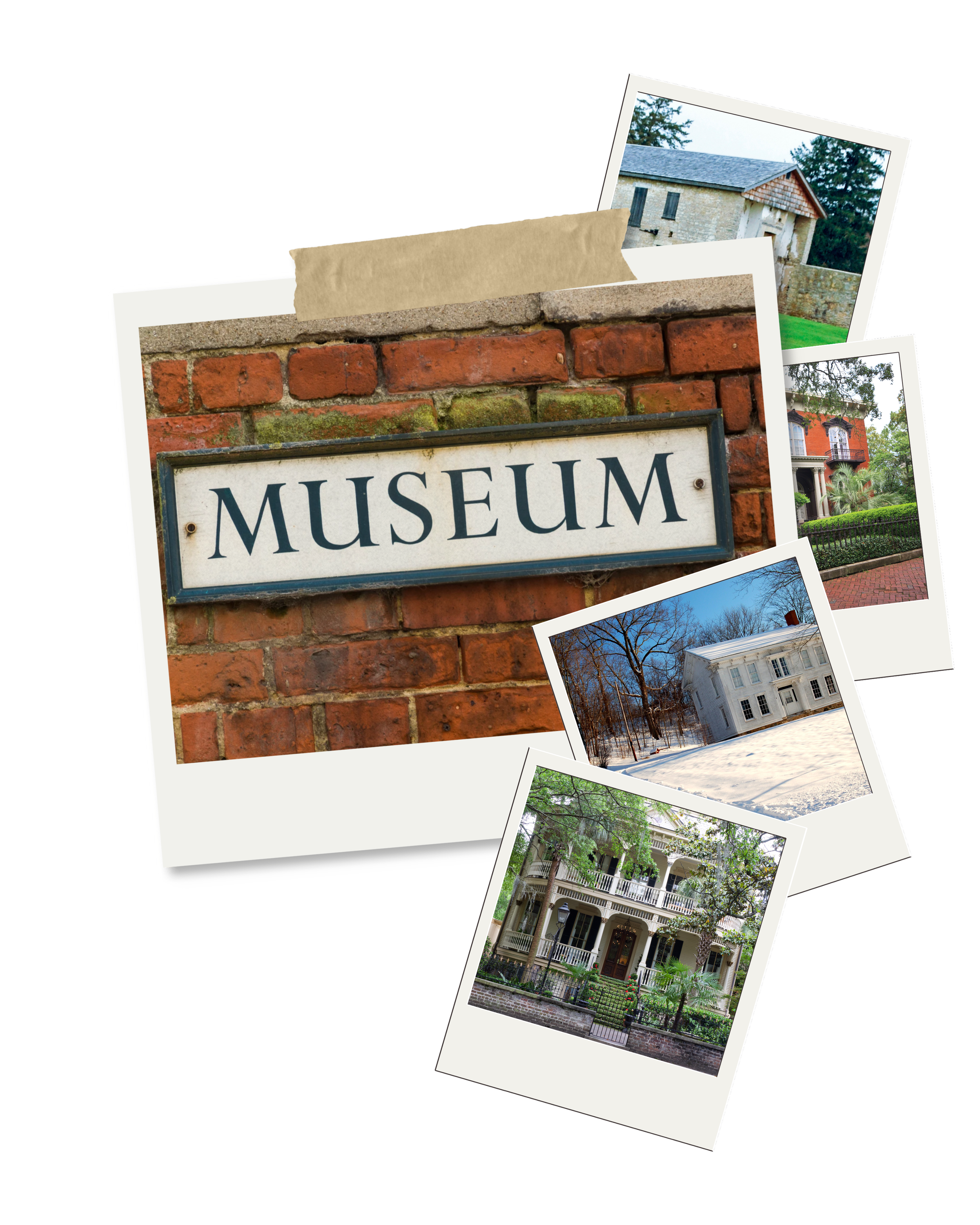 Collection of vintage photographs of historic houses and a museum sign