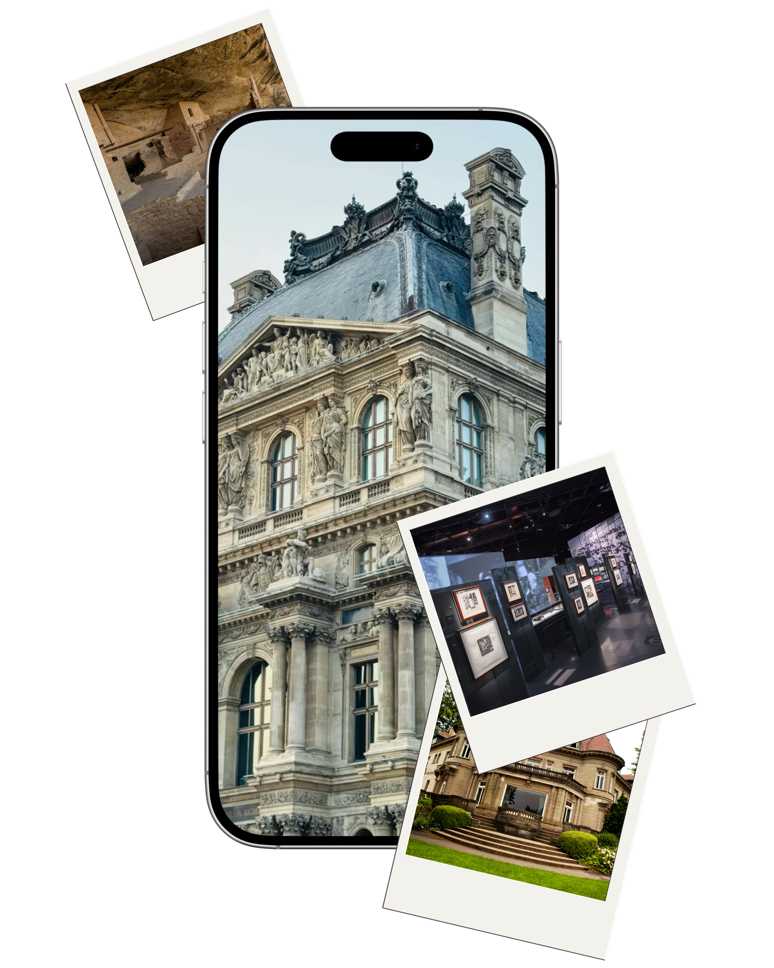 Collection of Polaroid-style photos surrounding a smartphone displaying a historic ornate building with sculptures and detailed architecture, set against a black background.