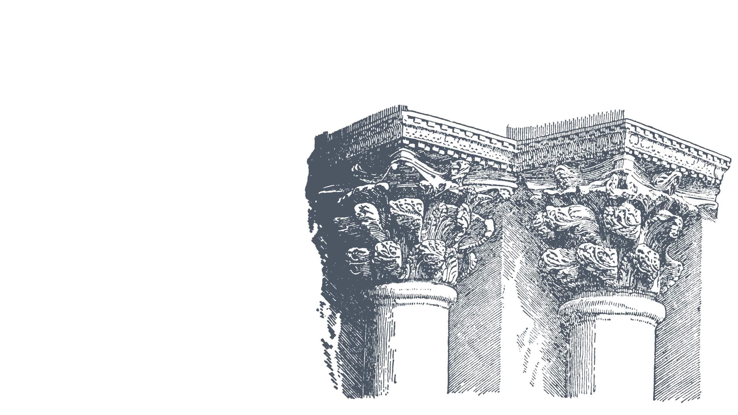 Illustration of the top of ancient Greek-style columns with ornate Corinthian capitals against a black background.