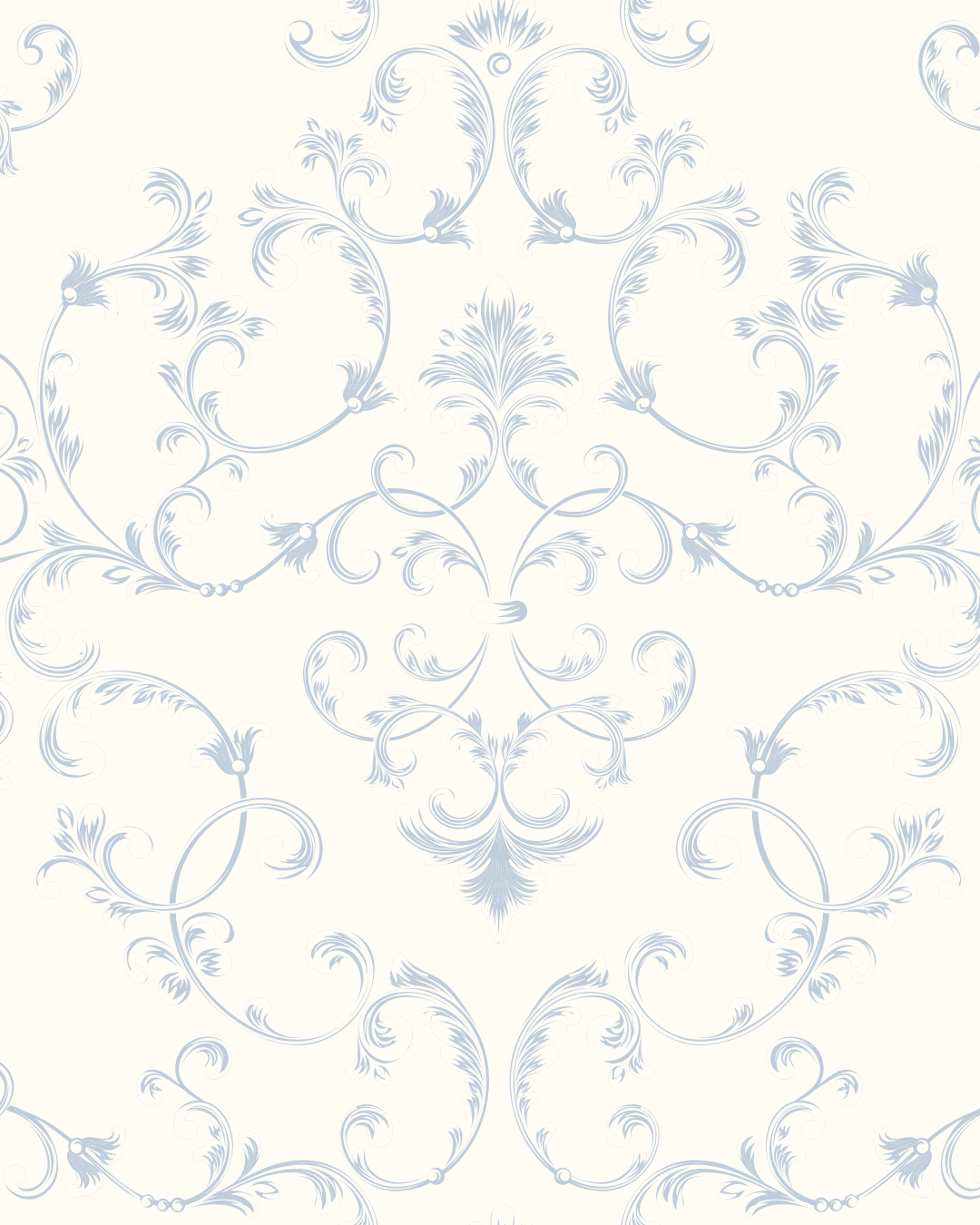 A light-colored wallpaper with a delicate, intricate blue floral and scrolling pattern.