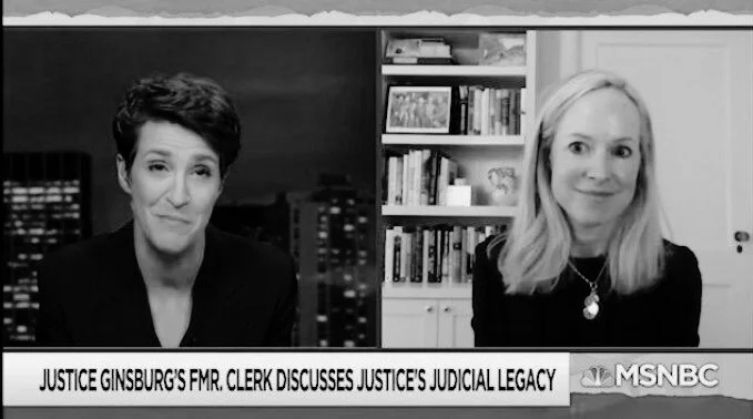 Split-screen image of two women in a video call, with a city skyline in the background on the left and a bookshelf in a room on the right.