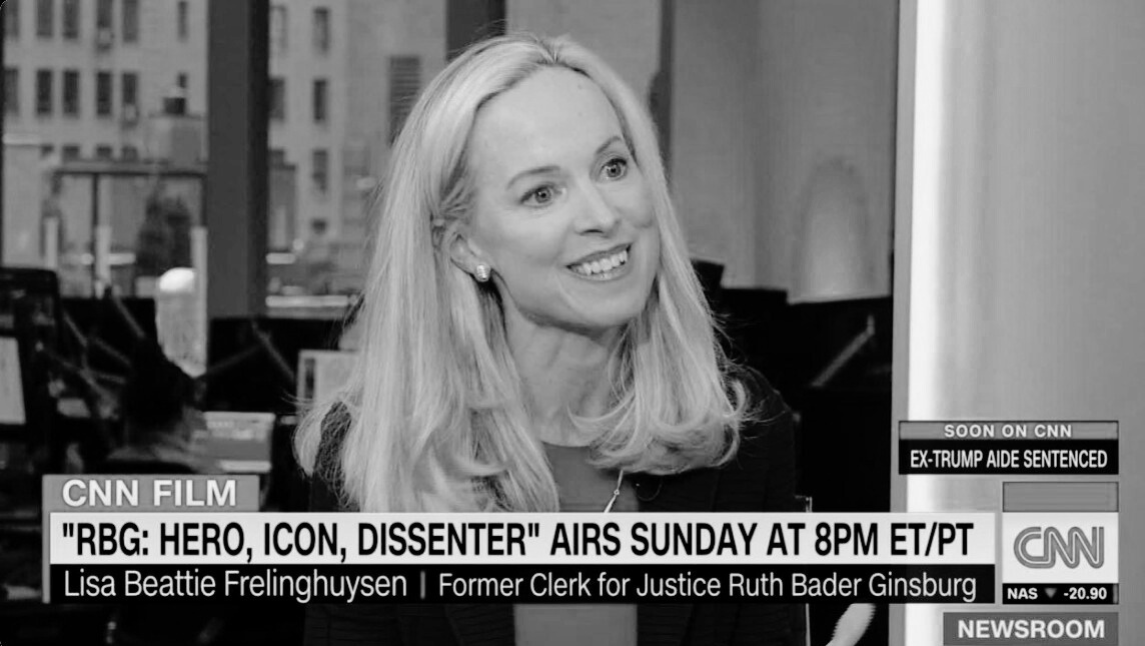 Black and white photo of Lisa Beattie Frelinghuysen, a former clerk for Justice Ruth Bader Ginsburg, during an interview on CNN. Text overlays include headlines about a CNN film and a sentence about an ex-Trump aide.