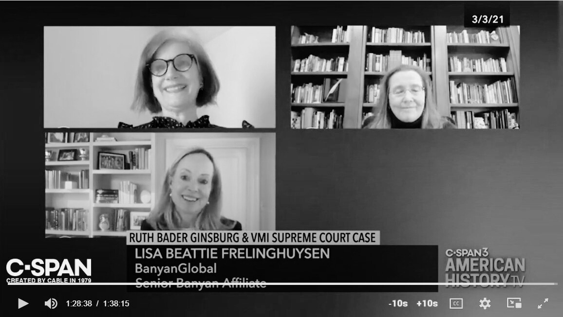 Screenshot of a C-SPAN virtual panel discussion with three women, including Ruth Bader Ginsburg, and a background of bookshelves. The date is 3/3/21.
