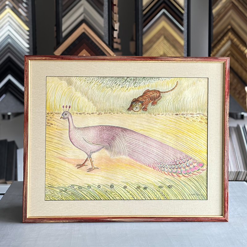 A framed watercolor painting of a peacock with a long, colorful tail in a field, with a tiger stalking in the background under a cloudy sky.