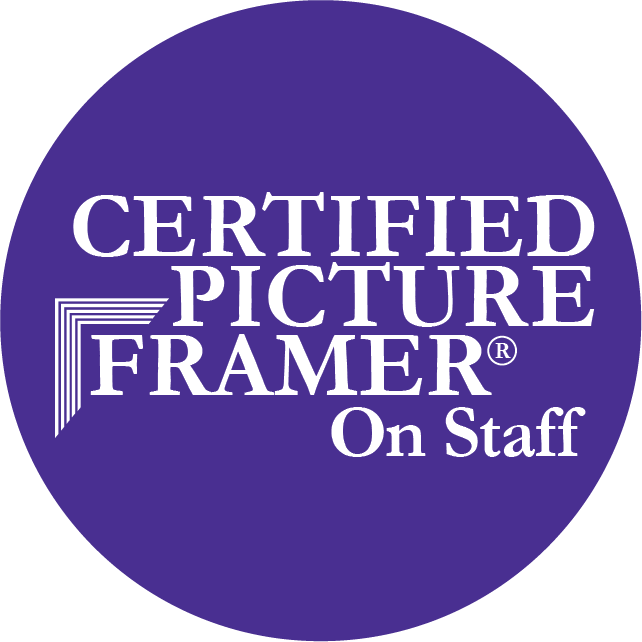 Purple circular badge with white text that reads 'Certified Picture Framer on Staff'.