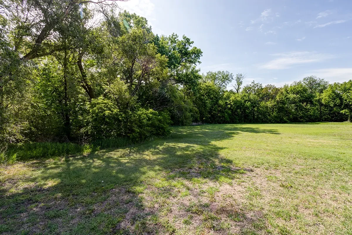 Open grassy field bordered by dense trees under a partly cloudy sky.