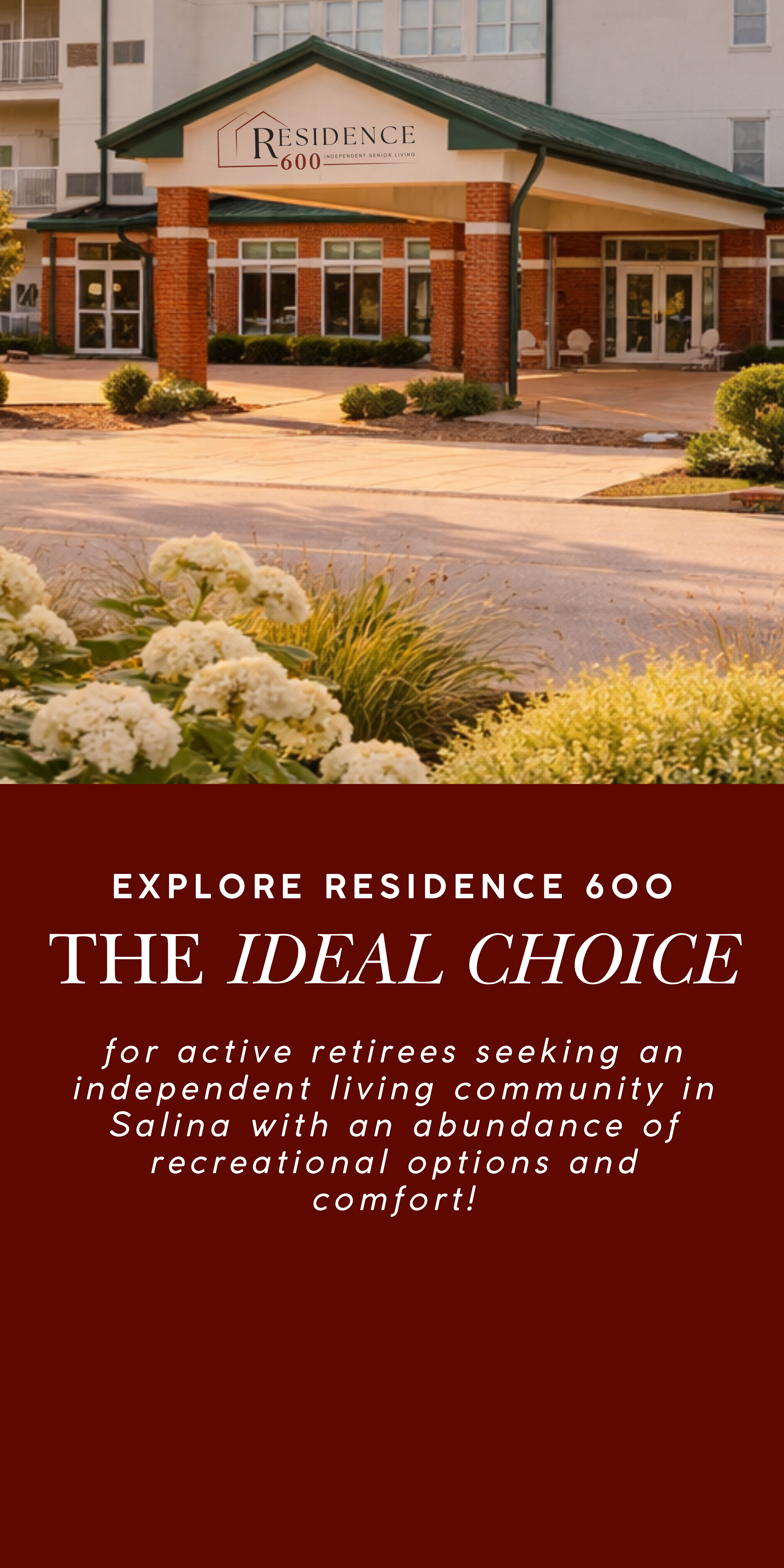 Exterior of Residence 600 senior living community with landscaped garden and entrance doors.