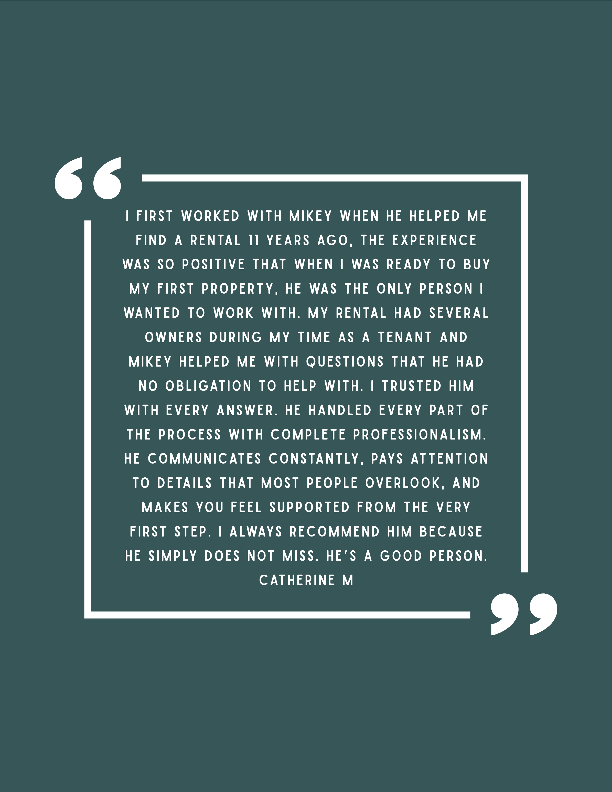Testimonial quote about working with Philly Realtor Mikey Parisano, praising his professionalism and support with property management. They found him by searching for Philadelphia Real Estate!