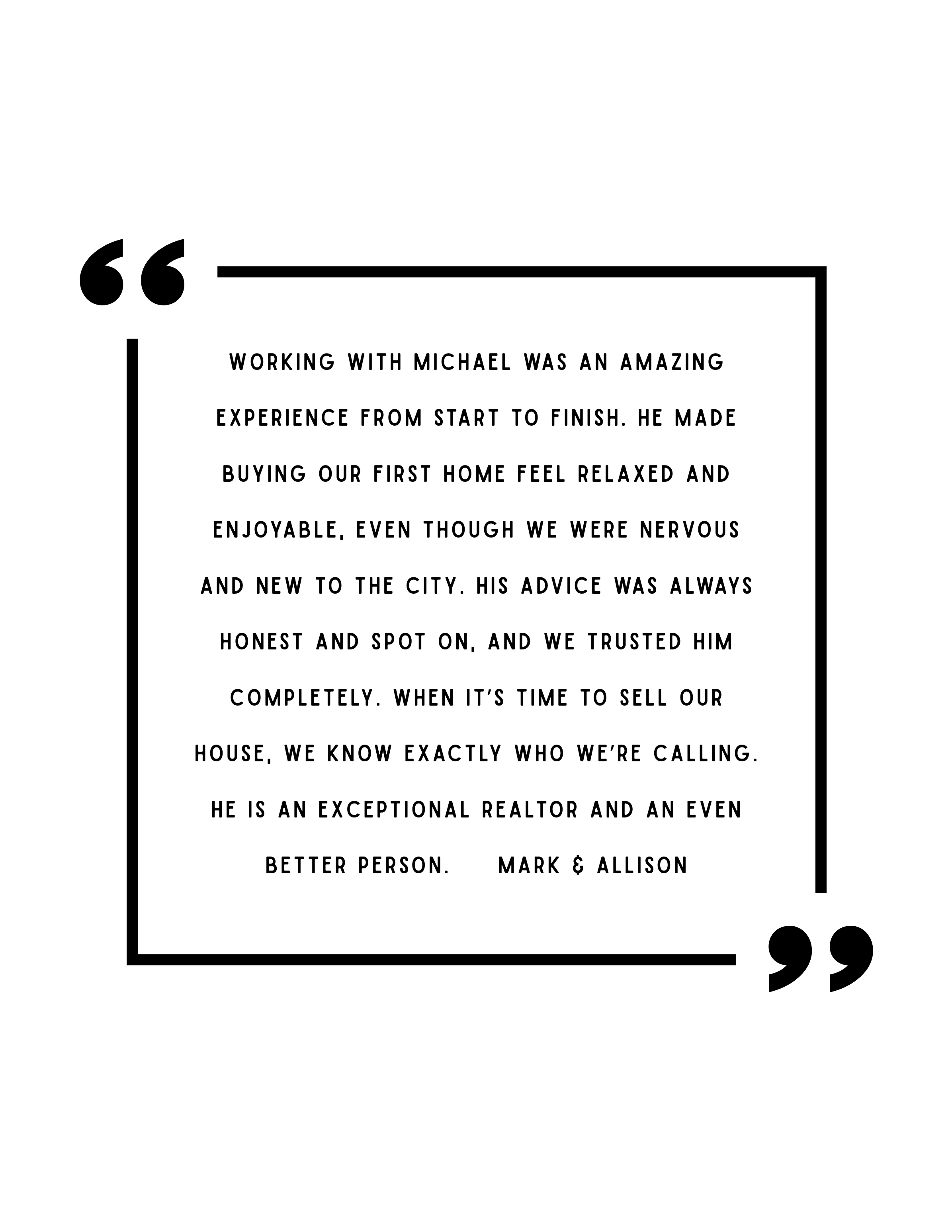 Quote about working with Delco Realtor Mikey Parisano, praising his honesty and expertise as a realtor, and sharing positive experiences in buying a home, signed by Mark and Allison.