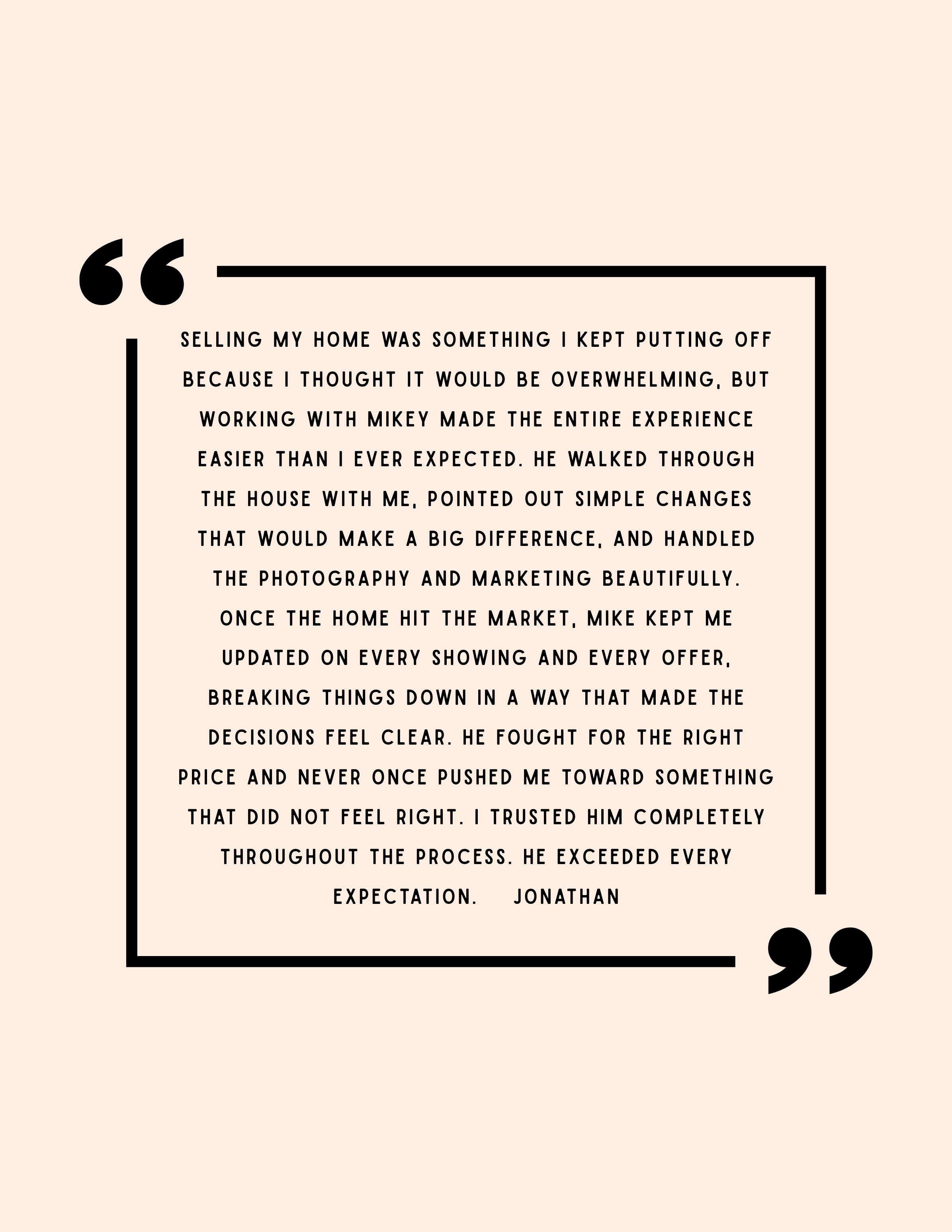 A quote about selling a home, mentioning working with top listing agent in Philadelphia, Philly Realtor Mikey Parisano, who helped with photography and marketing, and trusting his guidance throughout the process.