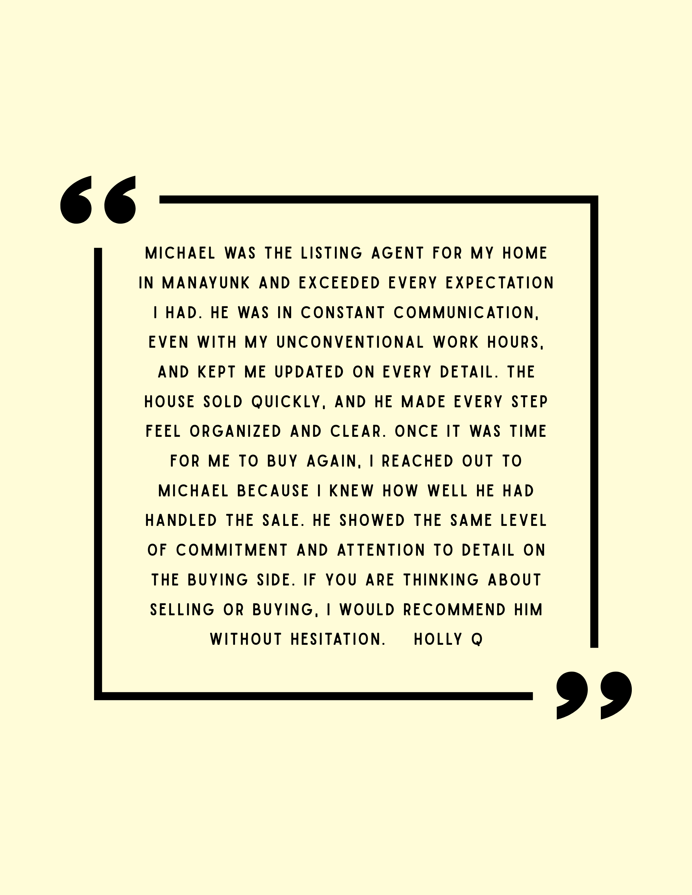 Customer testimonial quote about Delco Realtor Mikey Parisano, a top real estate listing agent in Philadelphia, praising his communication, dedication, and professionalism in selling a home!