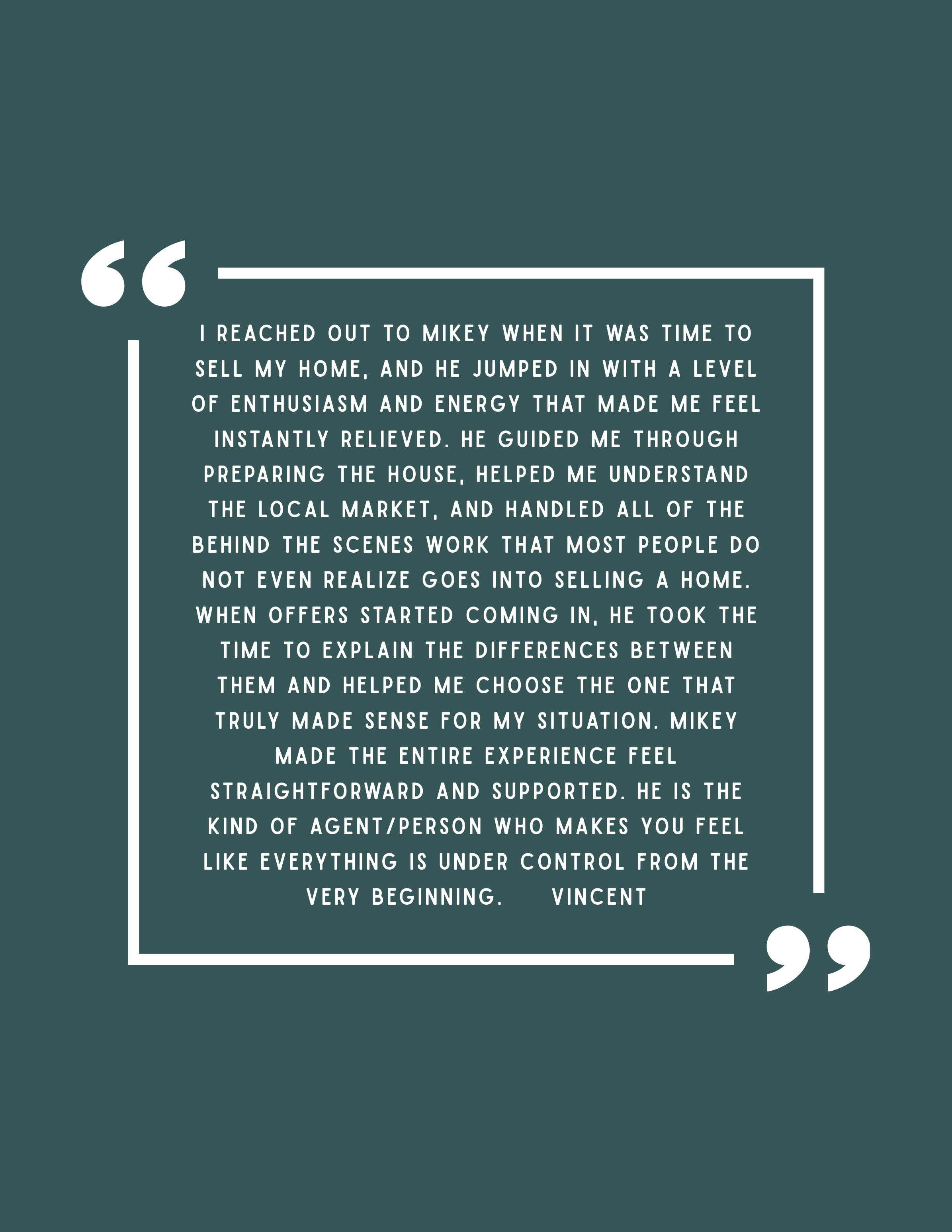 Quote about a positive experience with Delco Real Estate Agent, Mikey Parisano, describing his helpfulness in the home selling process. They found Mikey Parisano by searching for Delco Real Estate!