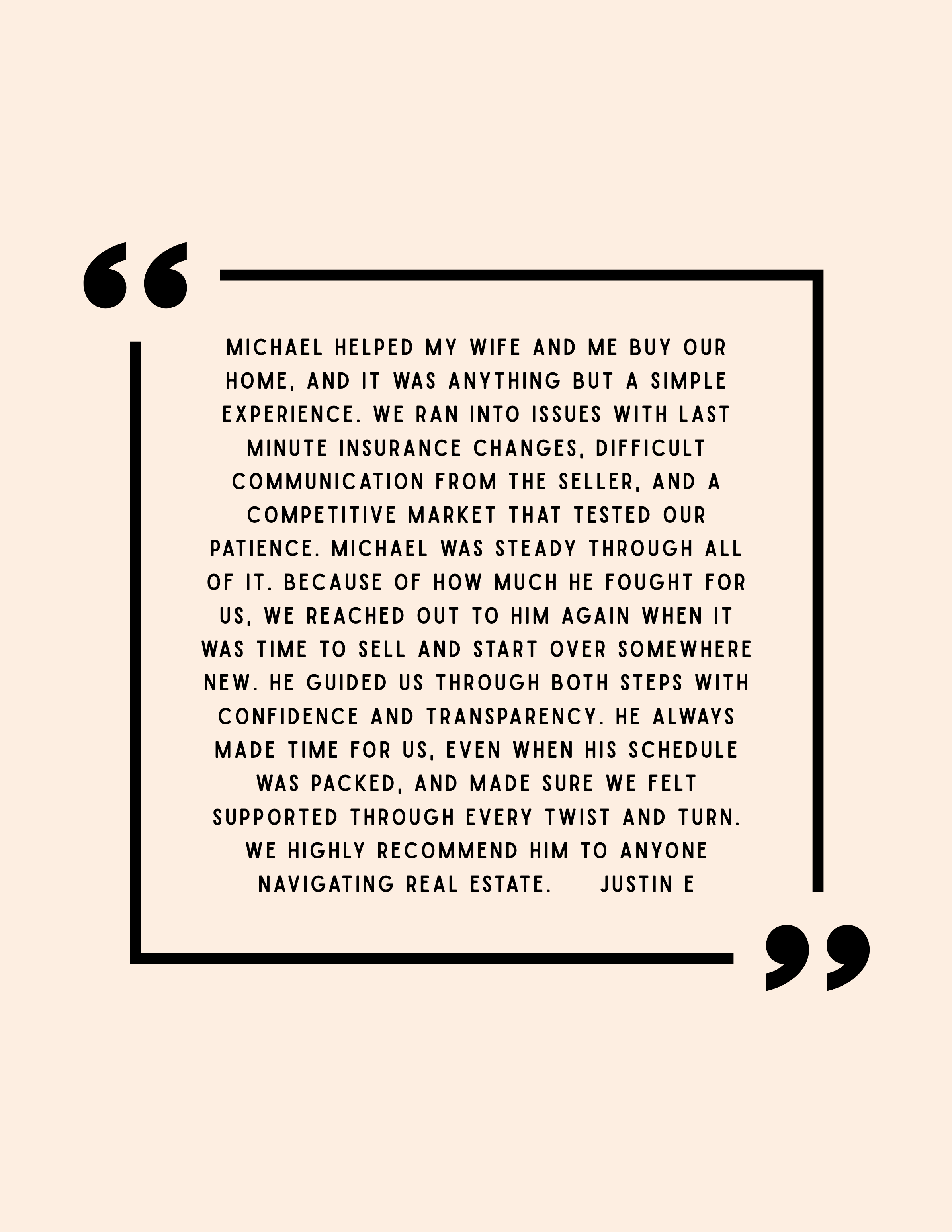 Quote about Philly Realtor Mikey Parisano helping with home buying process, mentioning challenges like insurance issues, seller communication, and market competition, and praising Michael's guidance and transparency.