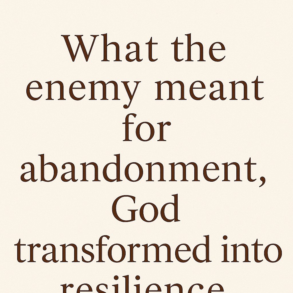 Text on a beige background that reads, "What the enemy meant for abandonment, God transformed into resiliency."