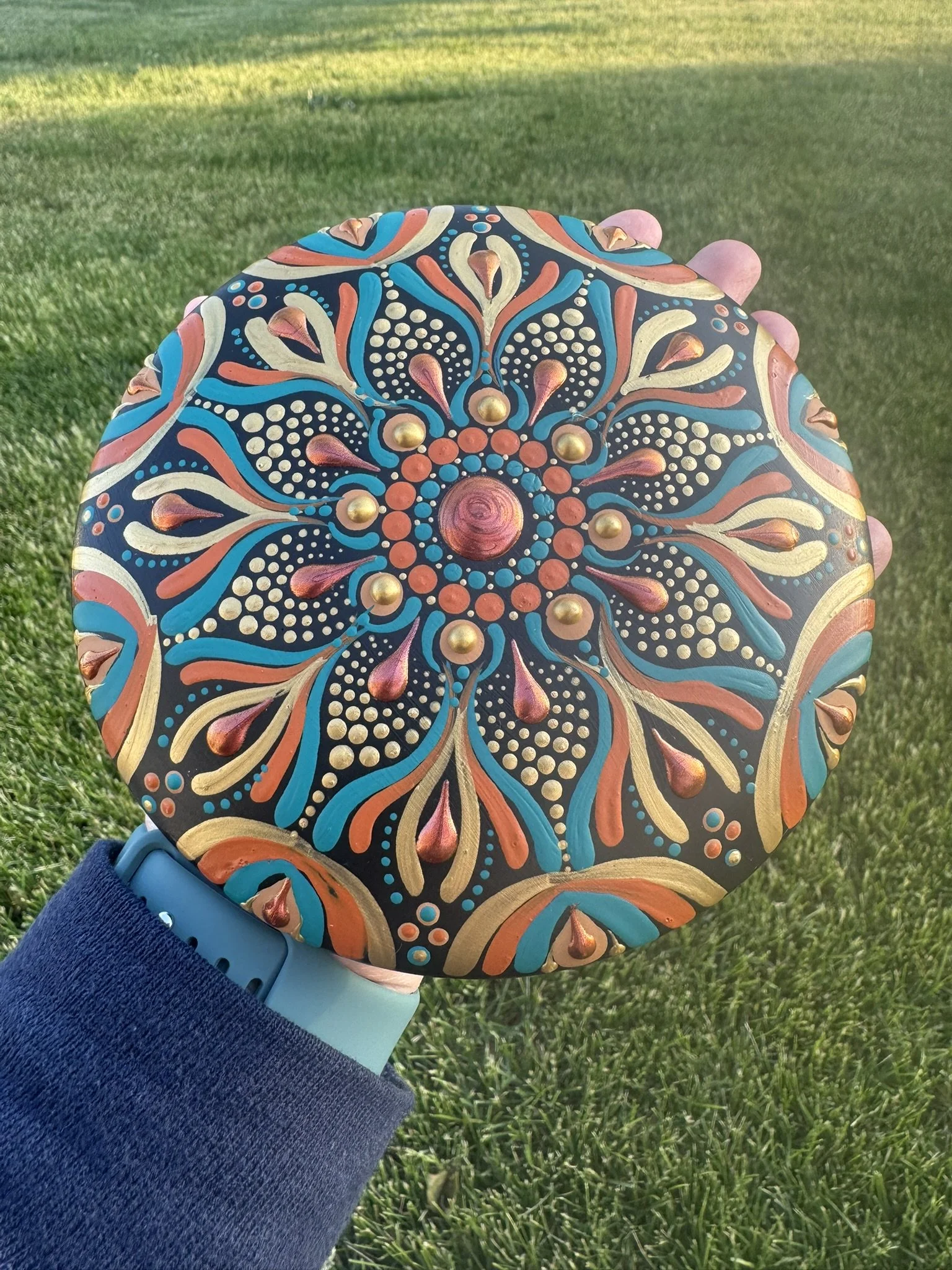 Sunset Bloom Mandala Stone – 6” Hand-Cast Plaster Art Rock