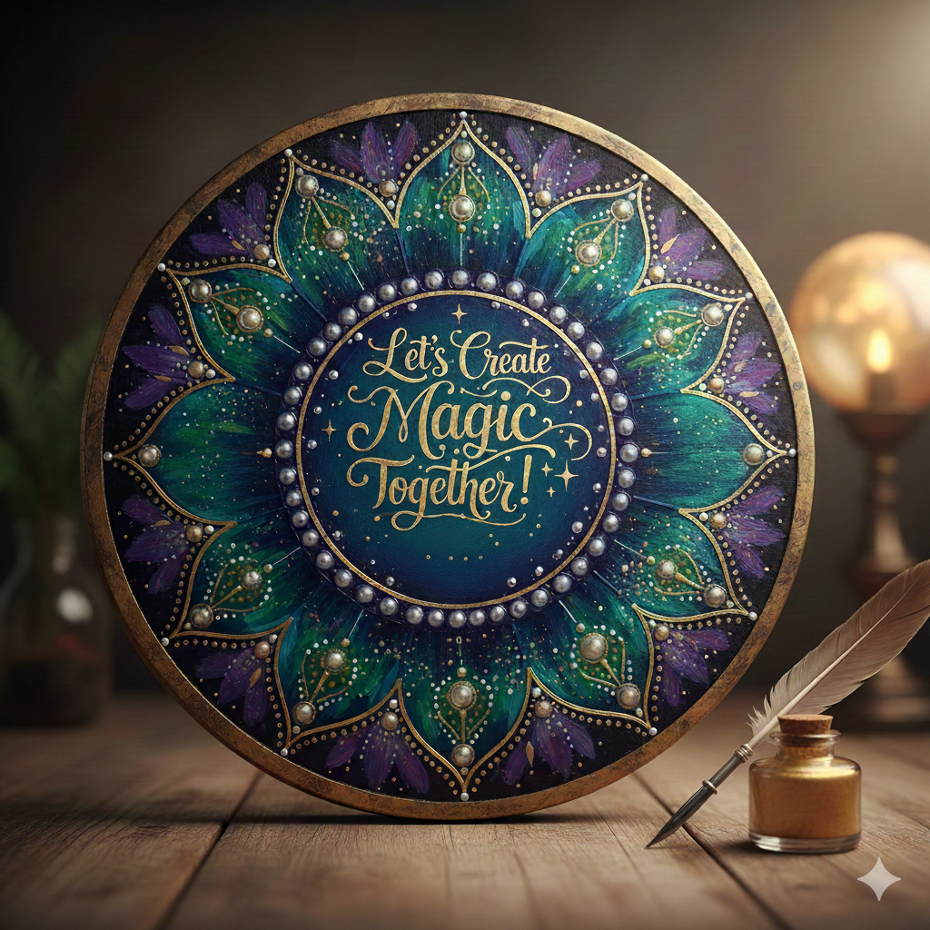 A decorative round sign with a mandala design featuring green, purple, and gold colors, with the message 'Let's Create Magic Together!' written in the center in elegant gold script. There is an inkwell and quill pen on a wooden surface in front of the sign, with a blurred background including a lamp and potted plant.