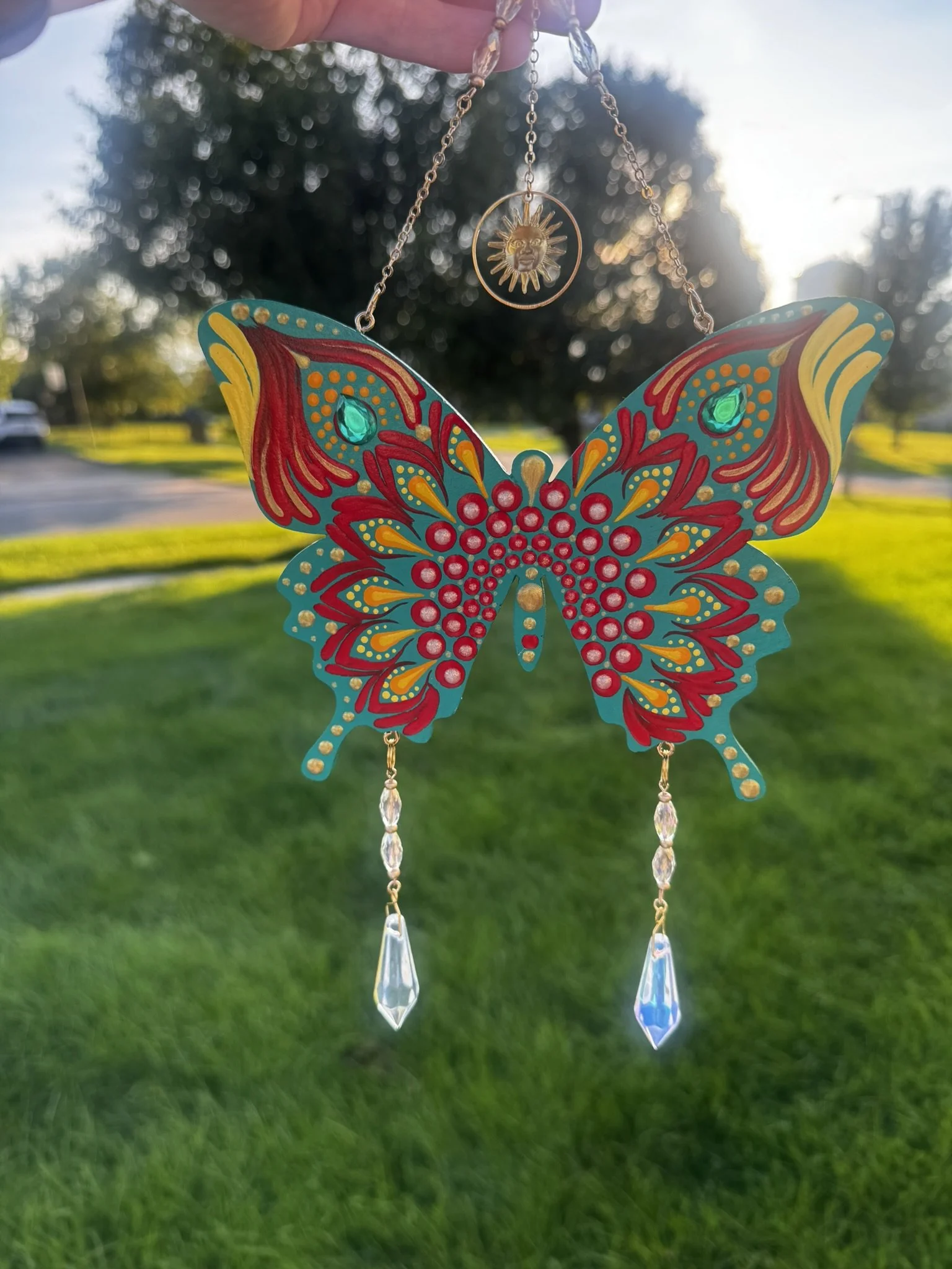 Whimsical Wings: Bluegrass Green & Gold Mandala Butterfly Suncatcher