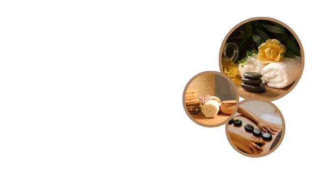 Collection of spa and massage items including stones, towels, flowers, and skincare products.