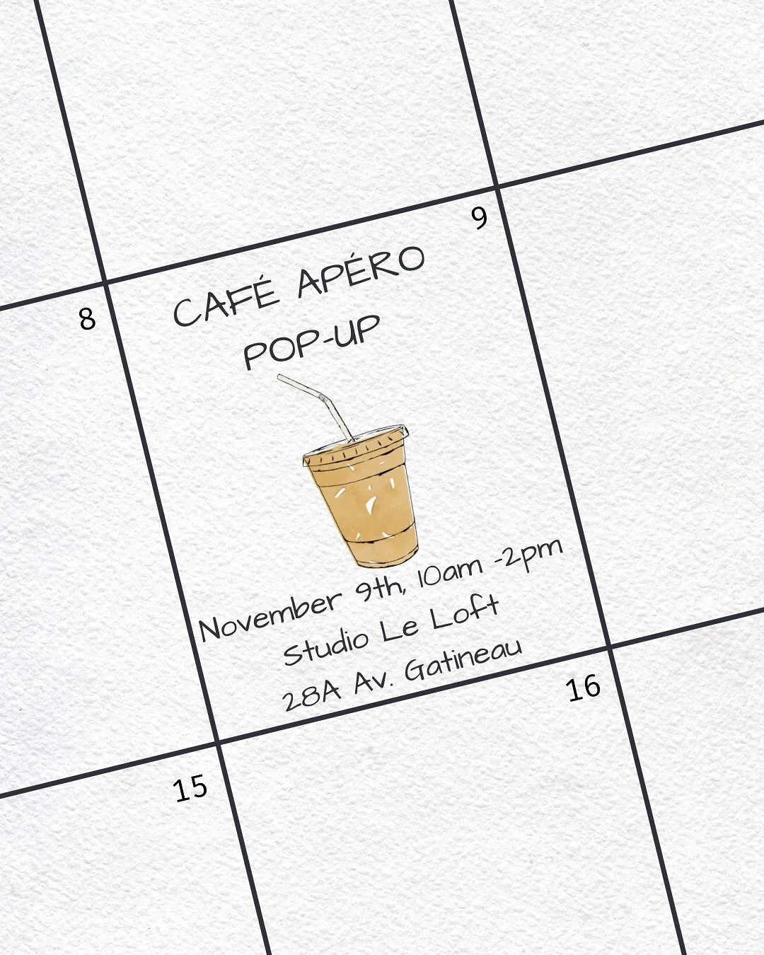 ☕️ Pop-Up Caf&eacute; Ap&eacute;ro &mdash; Ce dimanche !
On revient au Studio Le Loft (28A Av. Gatineau) le 9 novembre de 10 h &agrave; 14 h 🌿

✨ Deux boissons sp&eacute;ciales, offertes seulement dimanche !
&rarr; Latte Tiramisu &mdash; espresso cr